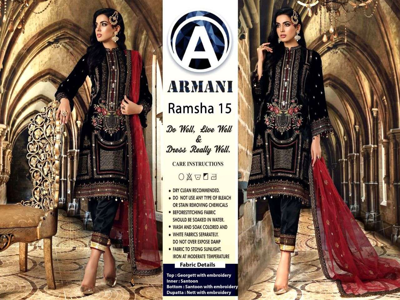 RAMSHA 15 BY ARMANI DESIGNER PAKISTANI SUITS BEAUTIFUL FANCY COLORFUL STYLISH PARTY WEAR & OCCASIONAL WEAR FAUX GEORGETTE EMBROIDERY DRESSES AT WHOLESALE PRICE