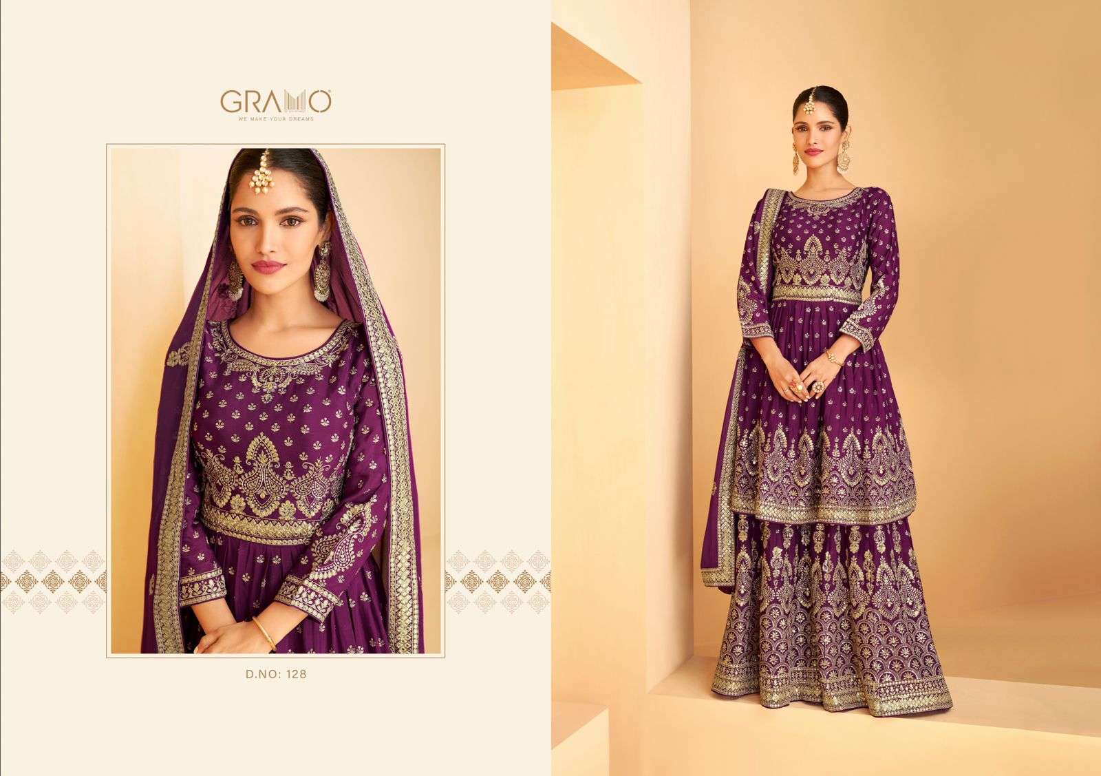 Navabi Vol-4 By Gramo 128 To 131 Series Beautiful Stylish Sharara Suits Fancy Colorful Casual Wear & Ethnic Wear & Ready To Wear Heavy Faux Georgette Embroidered Dresses At Wholesale Price