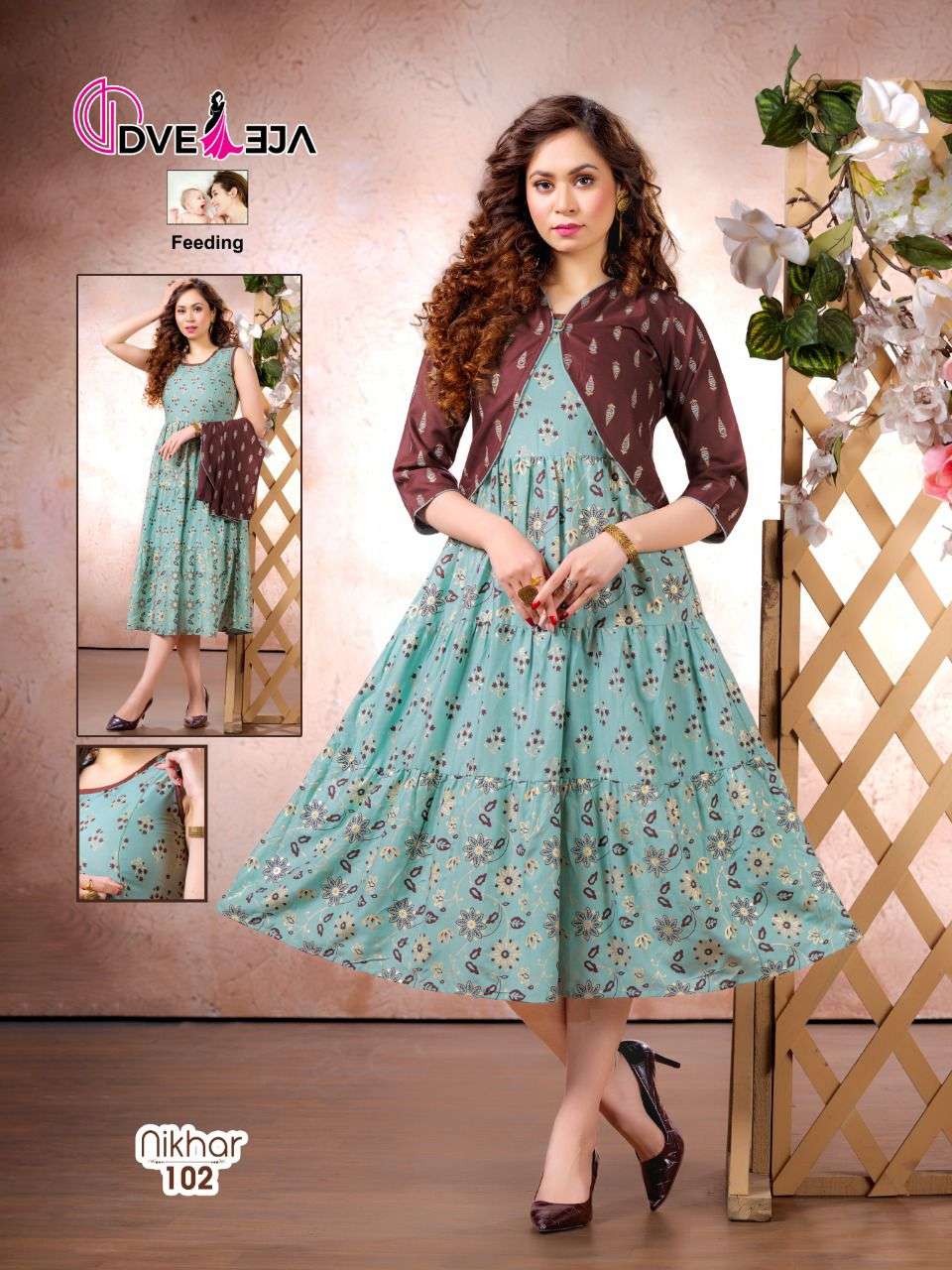 NIKHAR BY DVEEJA 101 TO 108 SERIES DESIGNER STYLISH FANCY COLORFUL BEAUTIFUL PARTY WEAR & ETHNIC WEAR COLLECTION RAYON PRINT KURTIS WITH JACKET AT WHOLESALE PRICE