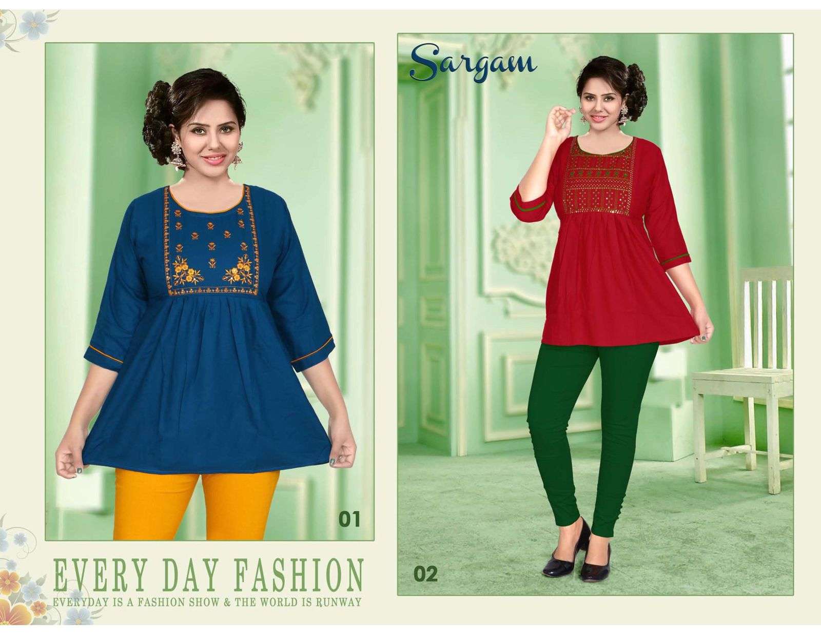 SARGAM BY TRENDY 01 TO 10 SERIES BEAUTIFUL STYLISH FANCY COLORFUL CASUAL WEAR & ETHNIC WEAR RAYON WITH WORK TOPS AT WHOLESALE PRICE