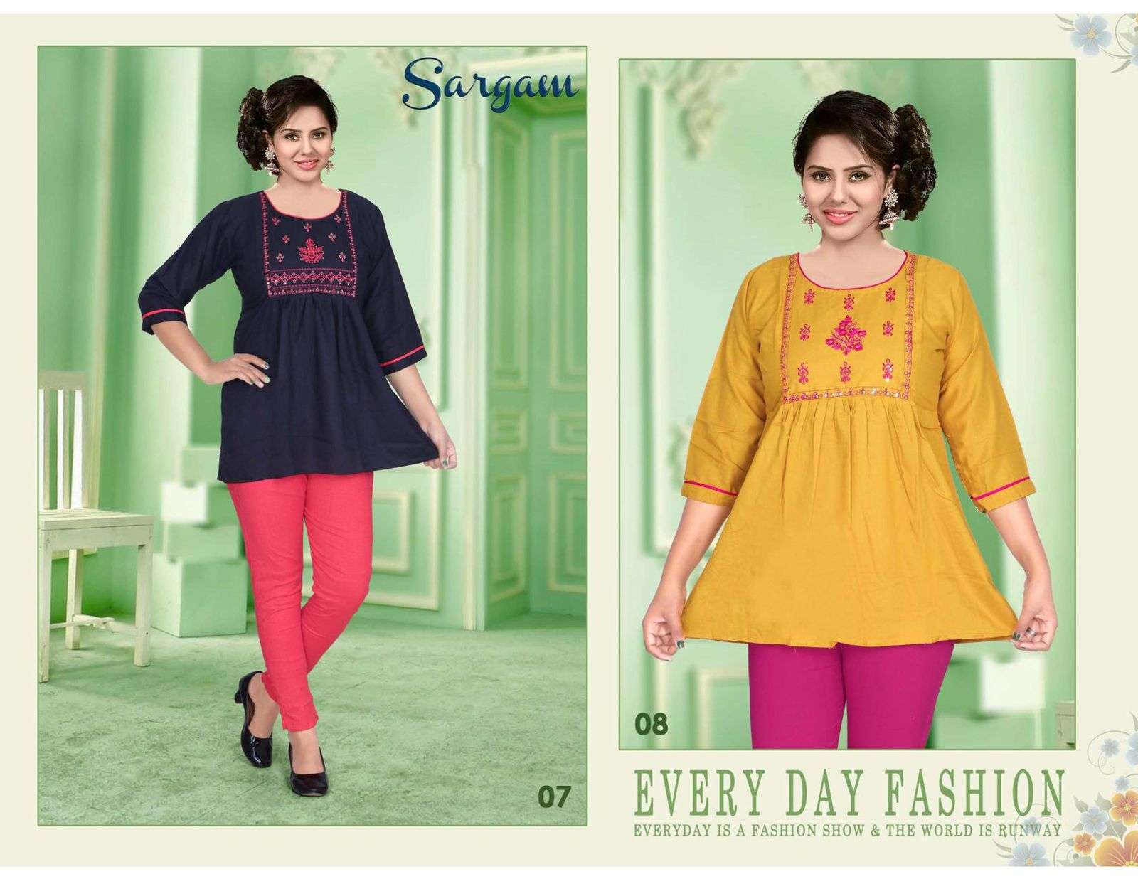 SARGAM BY TRENDY 01 TO 10 SERIES BEAUTIFUL STYLISH FANCY COLORFUL CASUAL WEAR & ETHNIC WEAR RAYON WITH WORK TOPS AT WHOLESALE PRICE