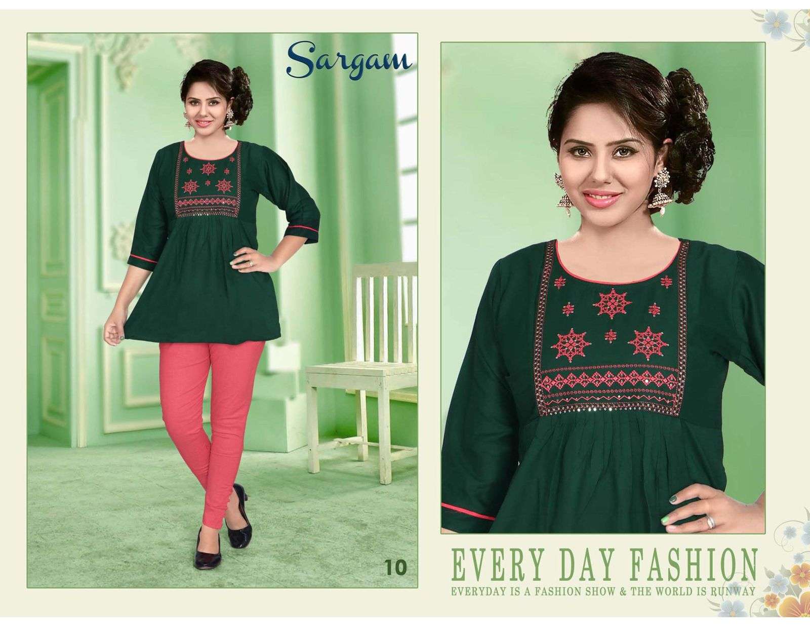 SARGAM BY TRENDY 01 TO 10 SERIES BEAUTIFUL STYLISH FANCY COLORFUL CASUAL WEAR & ETHNIC WEAR RAYON WITH WORK TOPS AT WHOLESALE PRICE