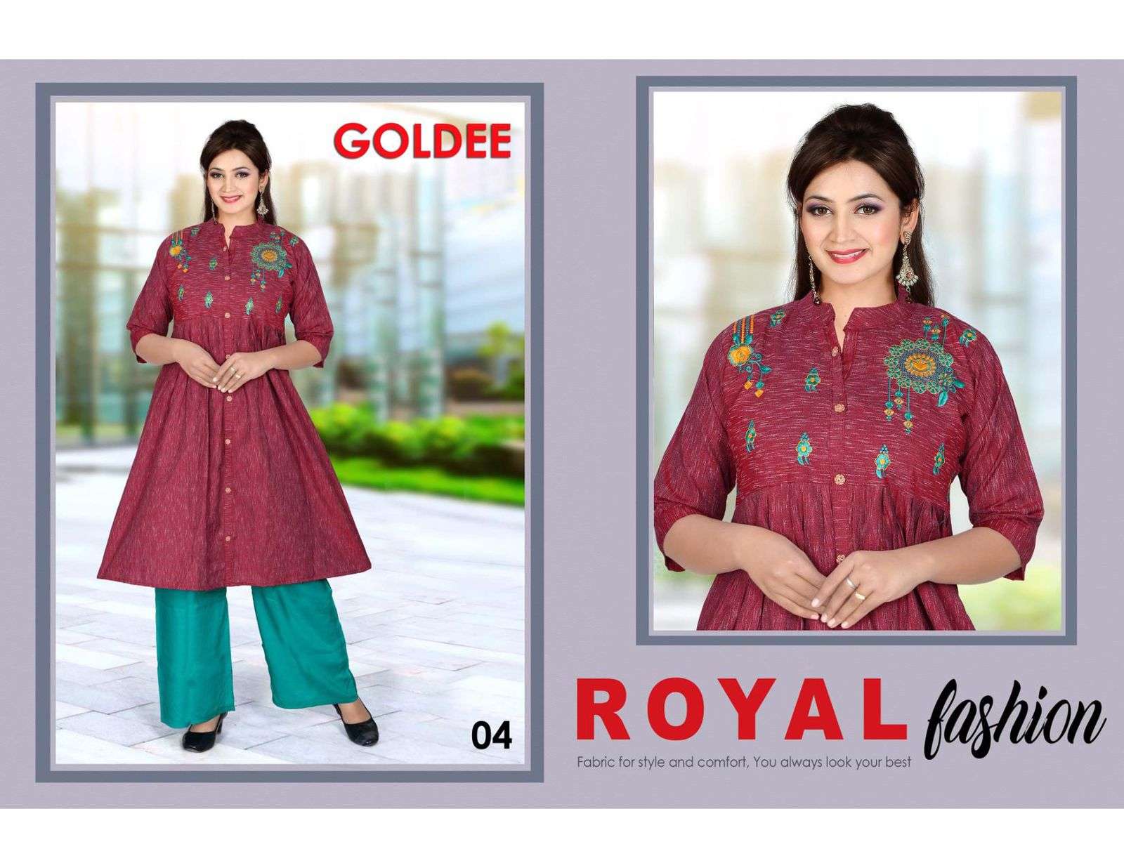 GOLDEE BY TRENDY 01 TO 06 SERIES DESIGNER STYLISH FANCY COLORFUL BEAUTIFUL PARTY WEAR & ETHNIC WEAR COLLECTION COTTON EMBROIDERED KURTIS WITH BOTTOM AT WHOLESALE PRICE