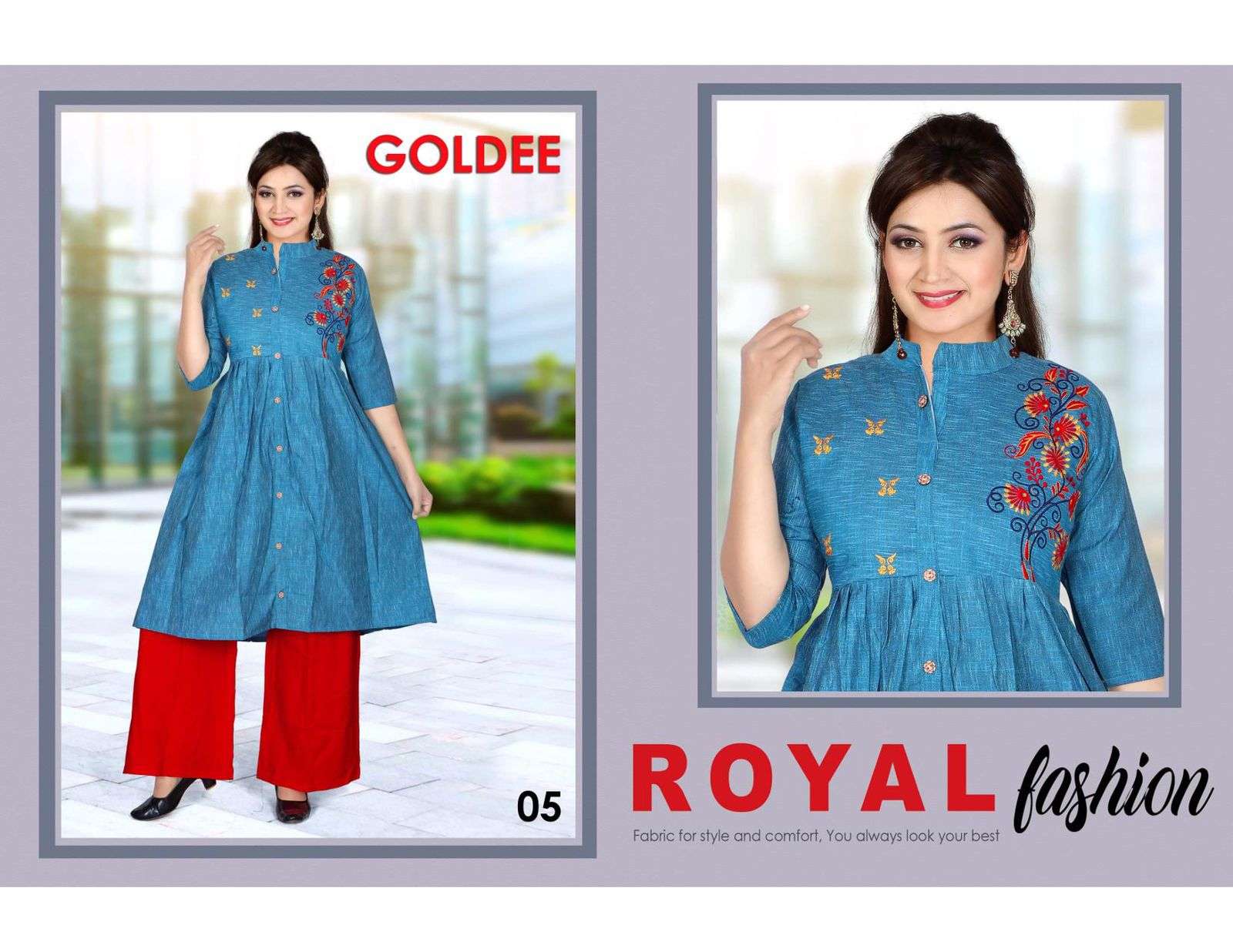 GOLDEE BY TRENDY 01 TO 06 SERIES DESIGNER STYLISH FANCY COLORFUL BEAUTIFUL PARTY WEAR & ETHNIC WEAR COLLECTION COTTON EMBROIDERED KURTIS WITH BOTTOM AT WHOLESALE PRICE