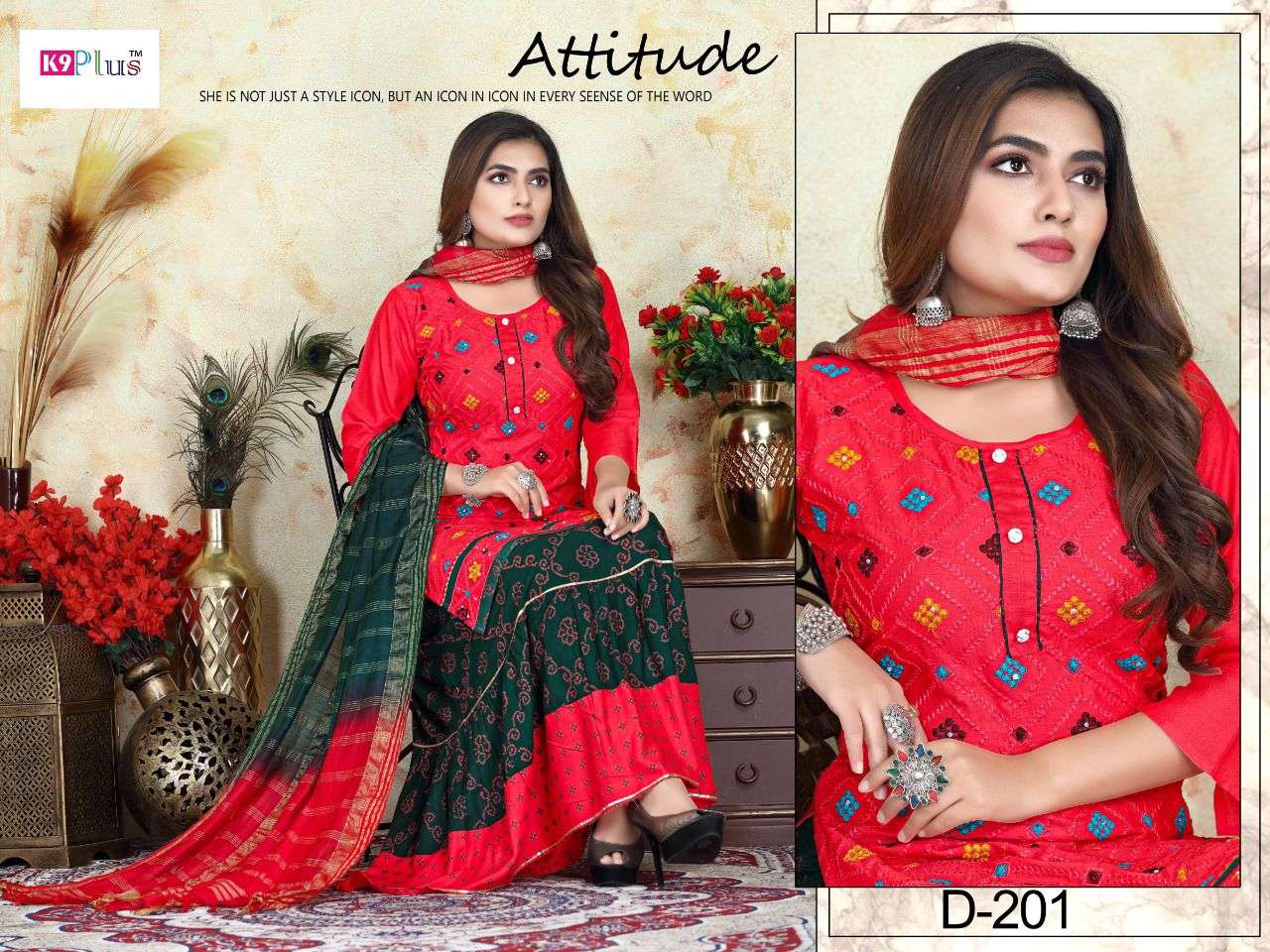PRETTY BY K9 PLUS 201 TO 208 SERIES BEAUTIFUL SUITS COLORFUL STYLISH FANCY CASUAL WEAR & ETHNIC WEAR RAYON WITH WORK DRESSES AT WHOLESALE PRICE