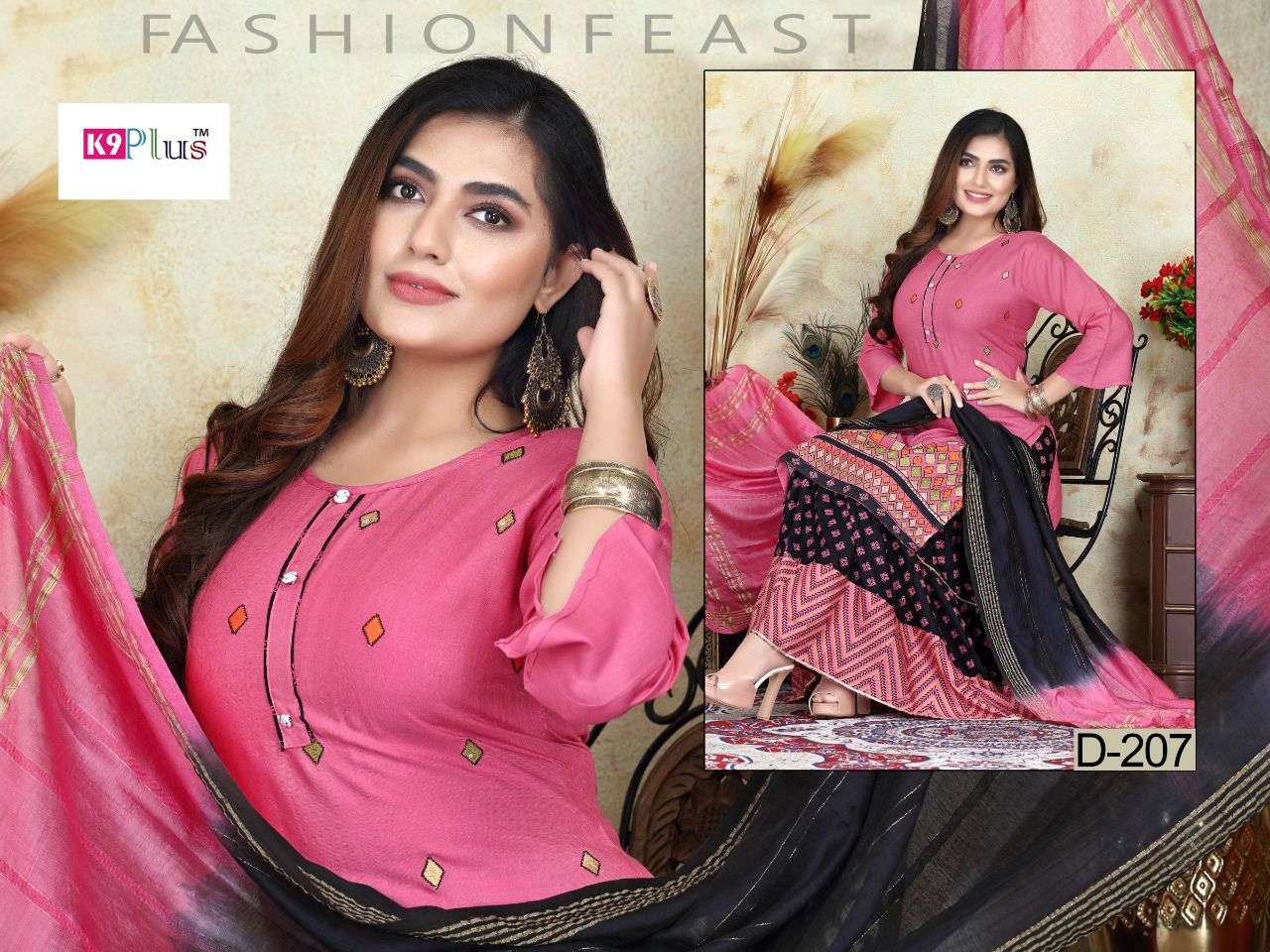 PRETTY BY K9 PLUS 201 TO 208 SERIES BEAUTIFUL SUITS COLORFUL STYLISH FANCY CASUAL WEAR & ETHNIC WEAR RAYON WITH WORK DRESSES AT WHOLESALE PRICE