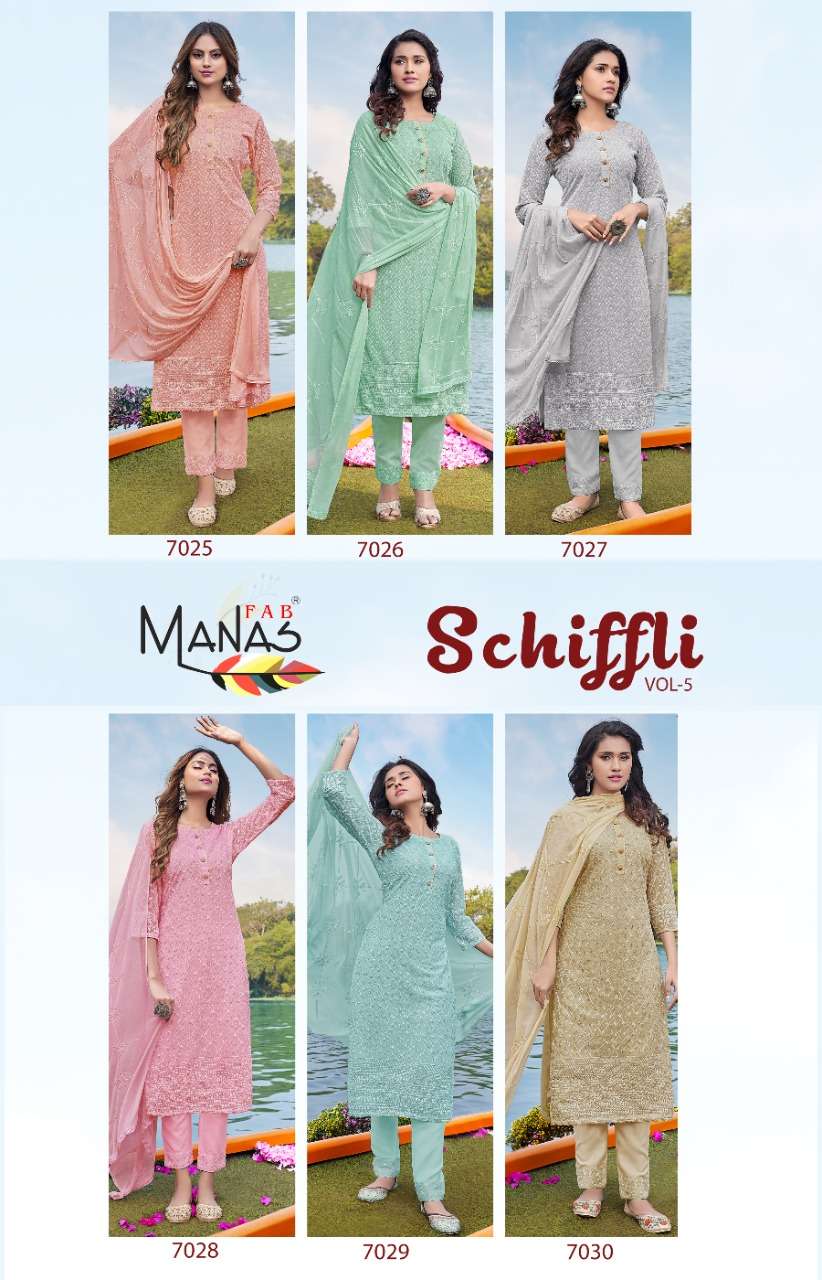 SCHIFFLI VOL-5 BY MANAS FAB 7025 TO 7030 SERIES BEAUTIFUL SUITS COLORFUL STYLISH FANCY CASUAL WEAR & ETHNIC WEAR GEORGETTE WITH SCHIFFLI WORK DRESSES AT WHOLESALE PRICE