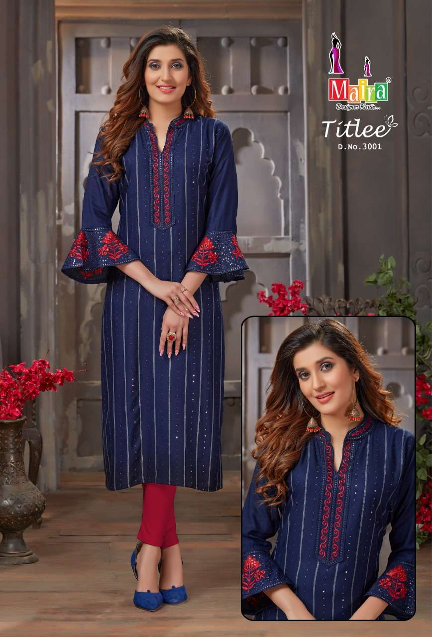TITLEE VOL-3 BY MAIRA 3001 TO 3008 SERIES DESIGNER STYLISH FANCY COLORFUL BEAUTIFUL PARTY WEAR & ETHNIC WEAR COLLECTION HEAVY RAYON EMBROIDERY KURTIS AT WHOLESALE PRICE