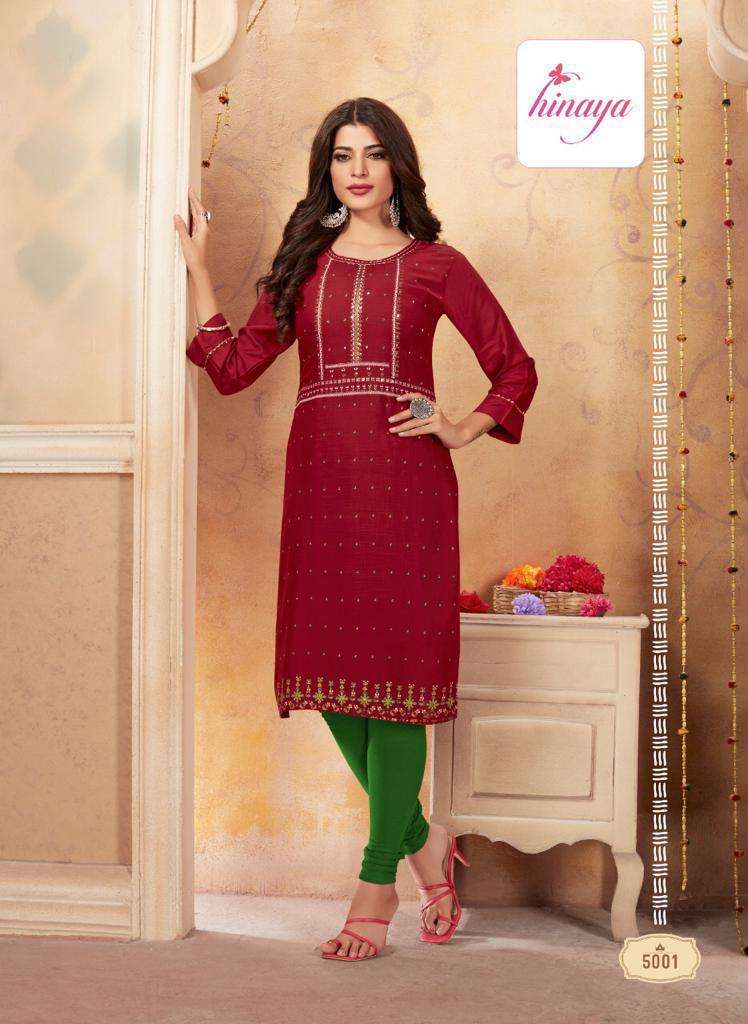 TIARA VOL-5 BY HINAYA 5001 TO 5008 SERIES DESIGNER STYLISH FANCY COLORFUL BEAUTIFUL PARTY WEAR & ETHNIC WEAR COLLECTION RAYON EMBROIDERY KURTIS AT WHOLESALE PRICE