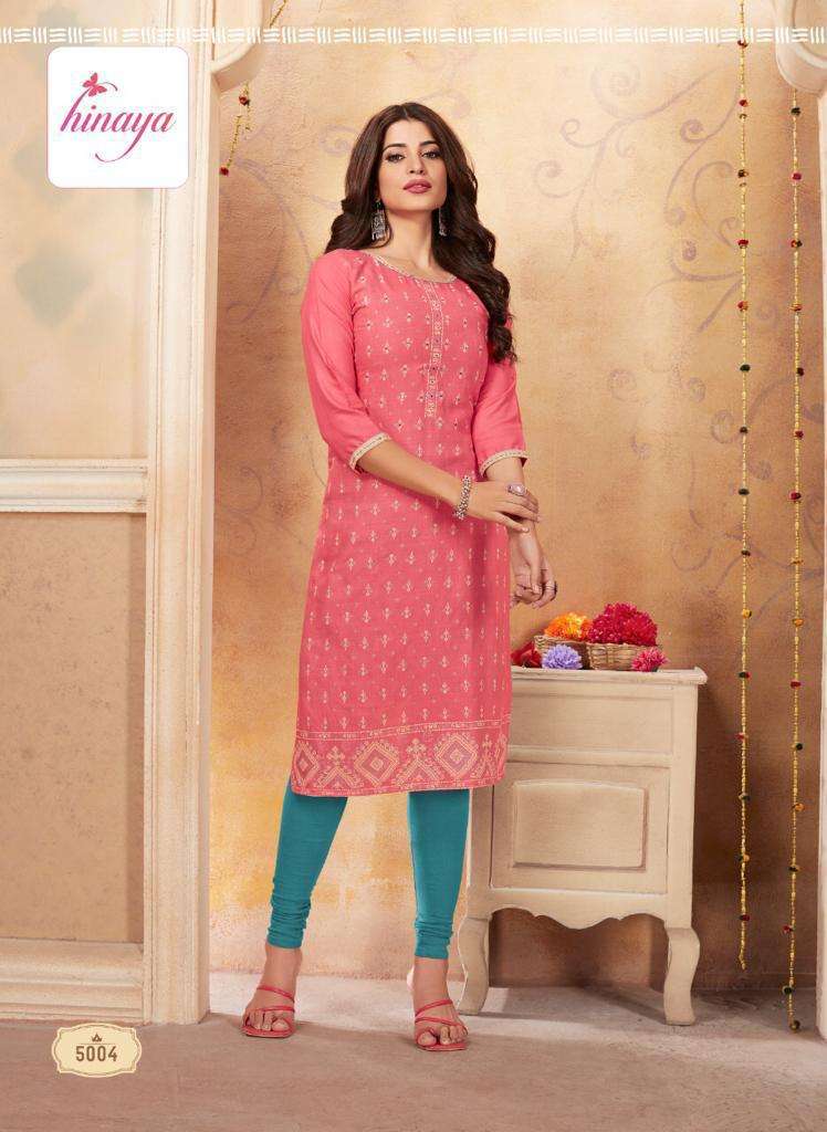 TIARA VOL-5 BY HINAYA 5001 TO 5008 SERIES DESIGNER STYLISH FANCY COLORFUL BEAUTIFUL PARTY WEAR & ETHNIC WEAR COLLECTION RAYON EMBROIDERY KURTIS AT WHOLESALE PRICE
