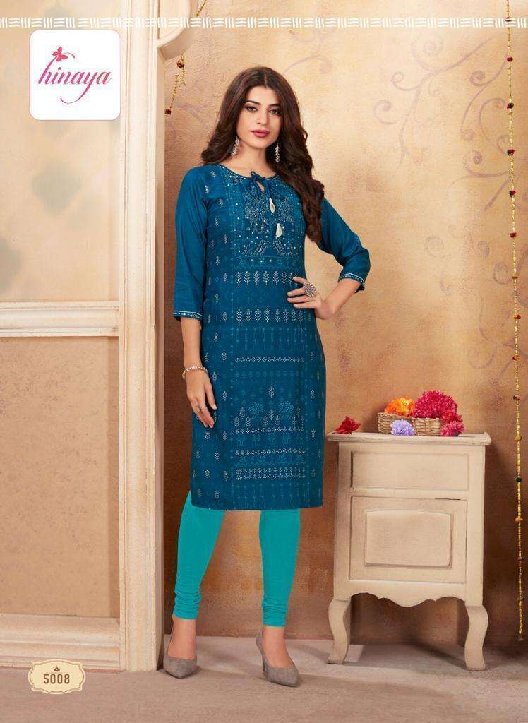 TIARA VOL-5 BY HINAYA 5001 TO 5008 SERIES DESIGNER STYLISH FANCY COLORFUL BEAUTIFUL PARTY WEAR & ETHNIC WEAR COLLECTION RAYON EMBROIDERY KURTIS AT WHOLESALE PRICE