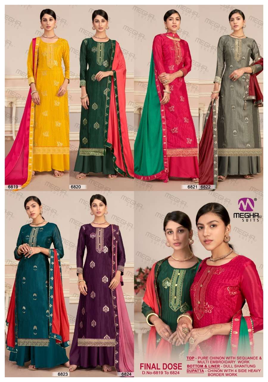 FINAL DOSE BY MEGHALI SUITS 6819 TO 6824 SERIES BEAUTIFUL STYLISH SHARARA SUITS FANCY COLORFUL CASUAL WEAR & ETHNIC WEAR & READY TO WEAR PURE CHINNON EMBROIDERED DRESSES AT WHOLESALE PRICE