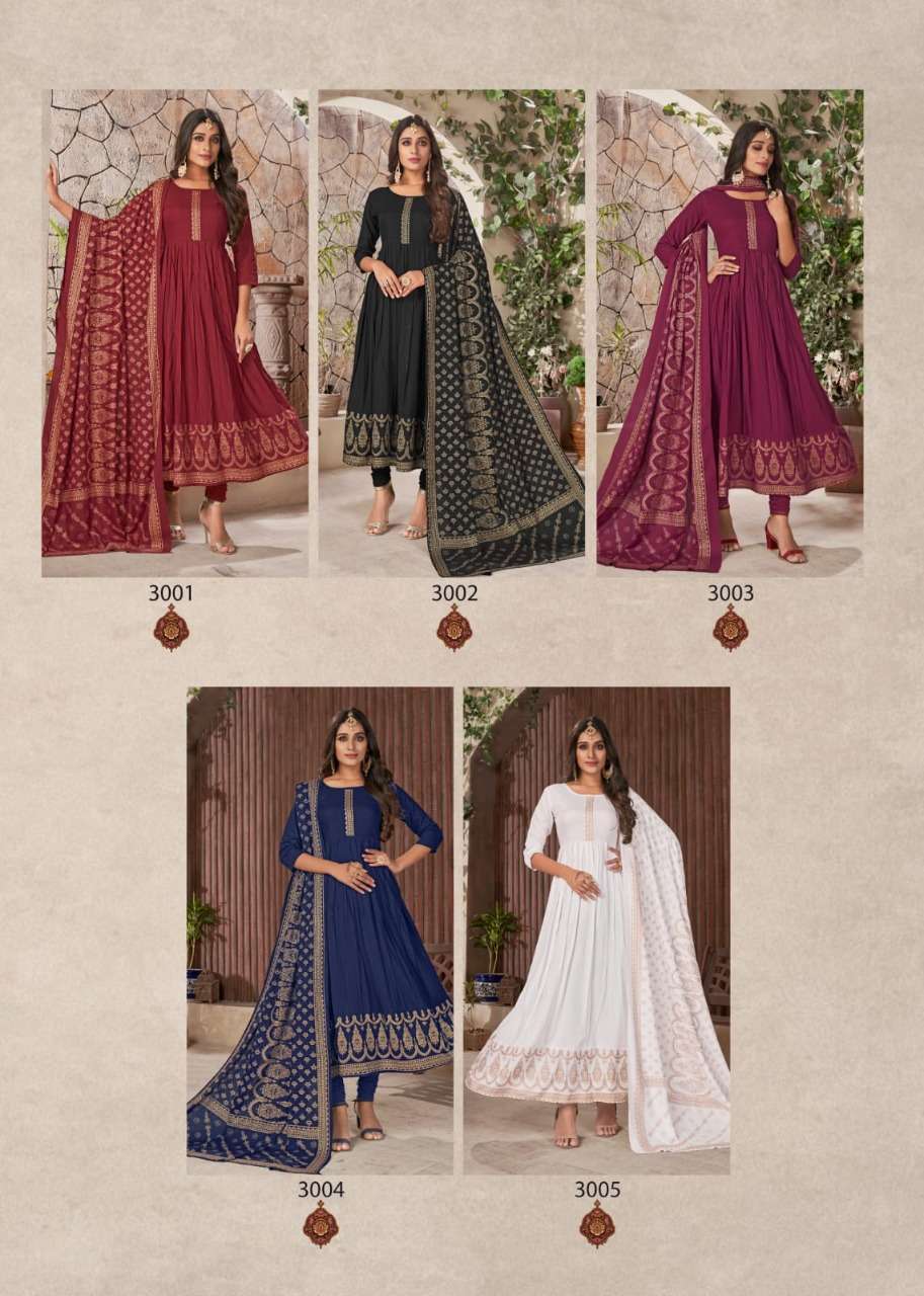 PANKH VOL-3 BY BANWERY FASHION 3001 TO 3005 SERIES BEAUTIFUL STYLISH FANCY COLORFUL CASUAL WEAR & ETHNIC WEAR HEAVY RAYON PRINT GOWNS WITH DUPATTA AT WHOLESALE PRICE