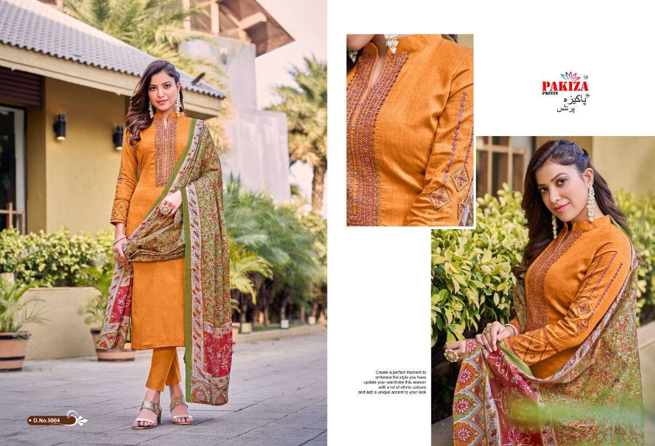 SANA SAFINAZ VOL-5 BY PAKIZA PRINTS 5001 TO 5010 SERIES STYLISH BEAUTIFUL COLOURFUL PRINTED & EMBROIDERED PARTY WEAR & OCCASIONAL WEAR JAM SATIN EMBROIDERED DRESSES AT WHOLESALE PRICE