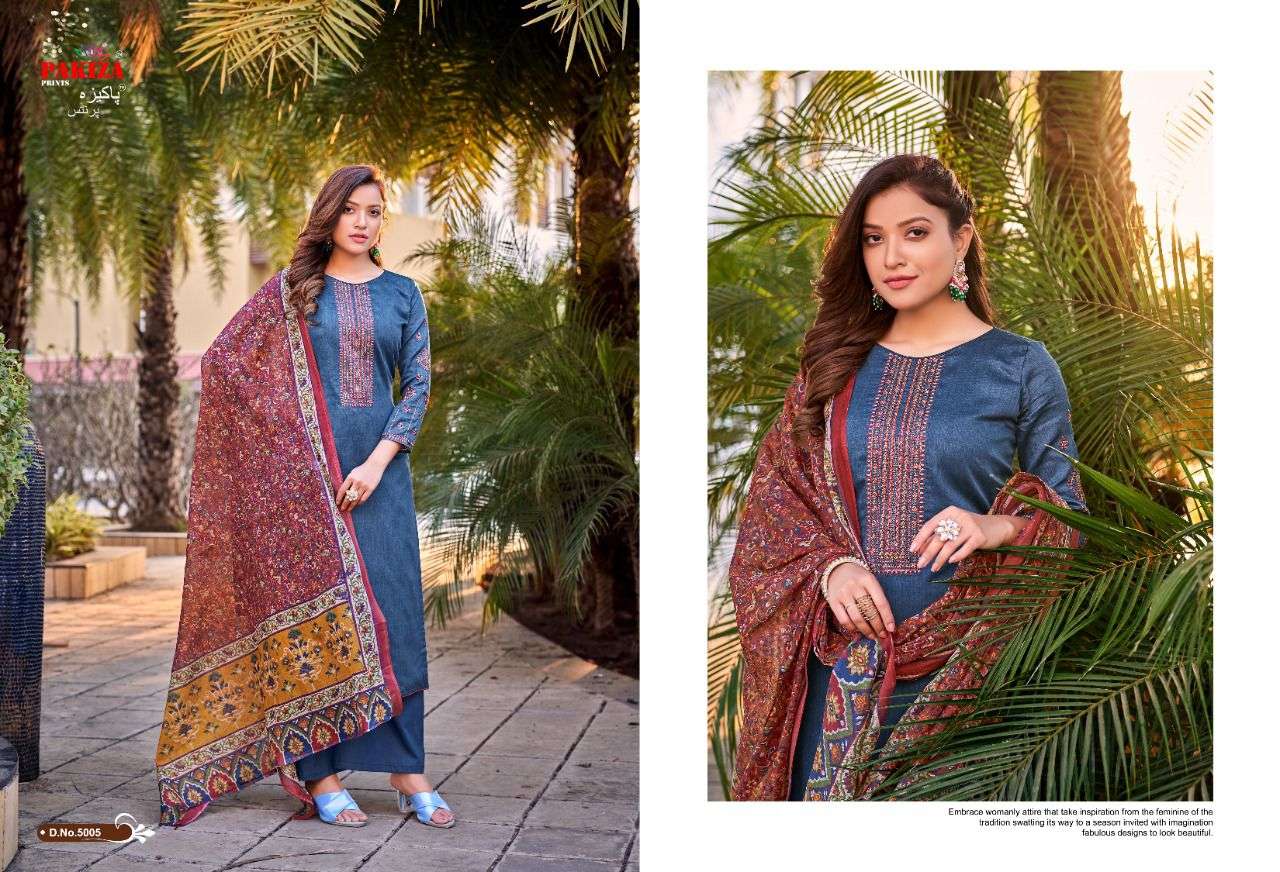SANA SAFINAZ VOL-5 BY PAKIZA PRINTS 5001 TO 5010 SERIES STYLISH BEAUTIFUL COLOURFUL PRINTED & EMBROIDERED PARTY WEAR & OCCASIONAL WEAR JAM SATIN EMBROIDERED DRESSES AT WHOLESALE PRICE