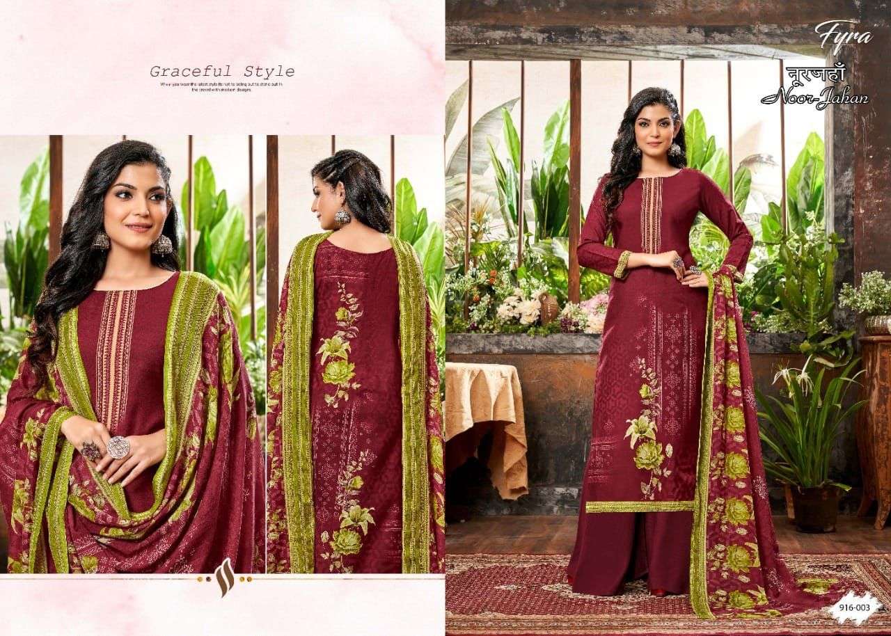NOOR-JAHAN 916 SERIES BY FYRA 916-001 TO 916-010 SERIES BEAUTIFUL SUITS COLORFUL STYLISH FANCY CASUAL WEAR & ETHNIC WEAR PURE SOFT COTTON DIGITAL PRINT DRESSES AT WHOLESALE PRICE
