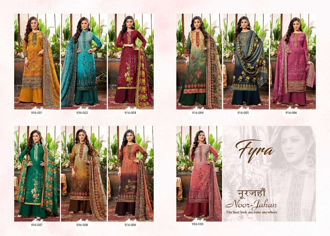 NOOR-JAHAN 916 SERIES BY FYRA 916-001 TO 916-010 SERIES BEAUTIFUL SUITS COLORFUL STYLISH FANCY CASUAL WEAR & ETHNIC WEAR PURE SOFT COTTON DIGITAL PRINT DRESSES AT WHOLESALE PRICE