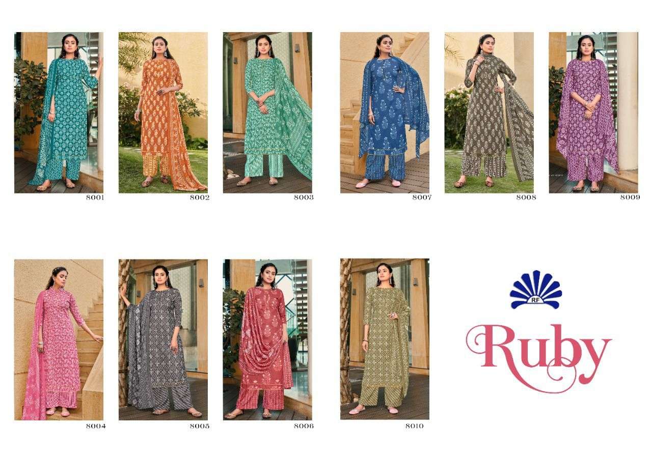RUBY BY RADHA FAB 8001 TO 8010 SERIES BEAUTIFUL STYLISH SUITS FANCY COLORFUL CASUAL WEAR & ETHNIC WEAR & READY TO WEAR HEAVY COTTON PRINTED DRESSES AT WHOLESALE PRICE