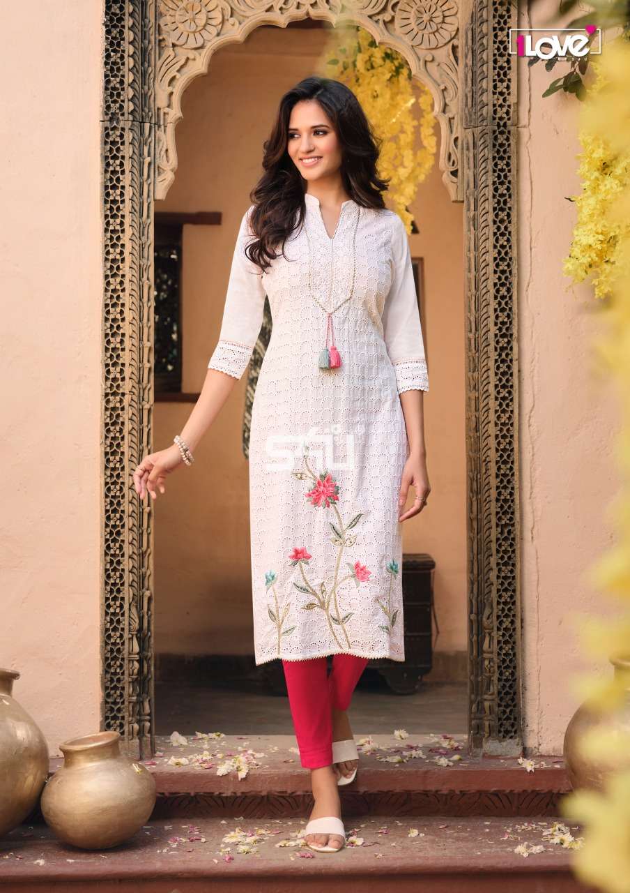 SCHIFFLI BY 1 LOVE 01 TO 07 SERIES DESIGNER STYLISH FANCY COLORFUL BEAUTIFUL PARTY WEAR & ETHNIC WEAR COLLECTION COTTON EMBROIDERY KURTIS AT WHOLESALE PRICE