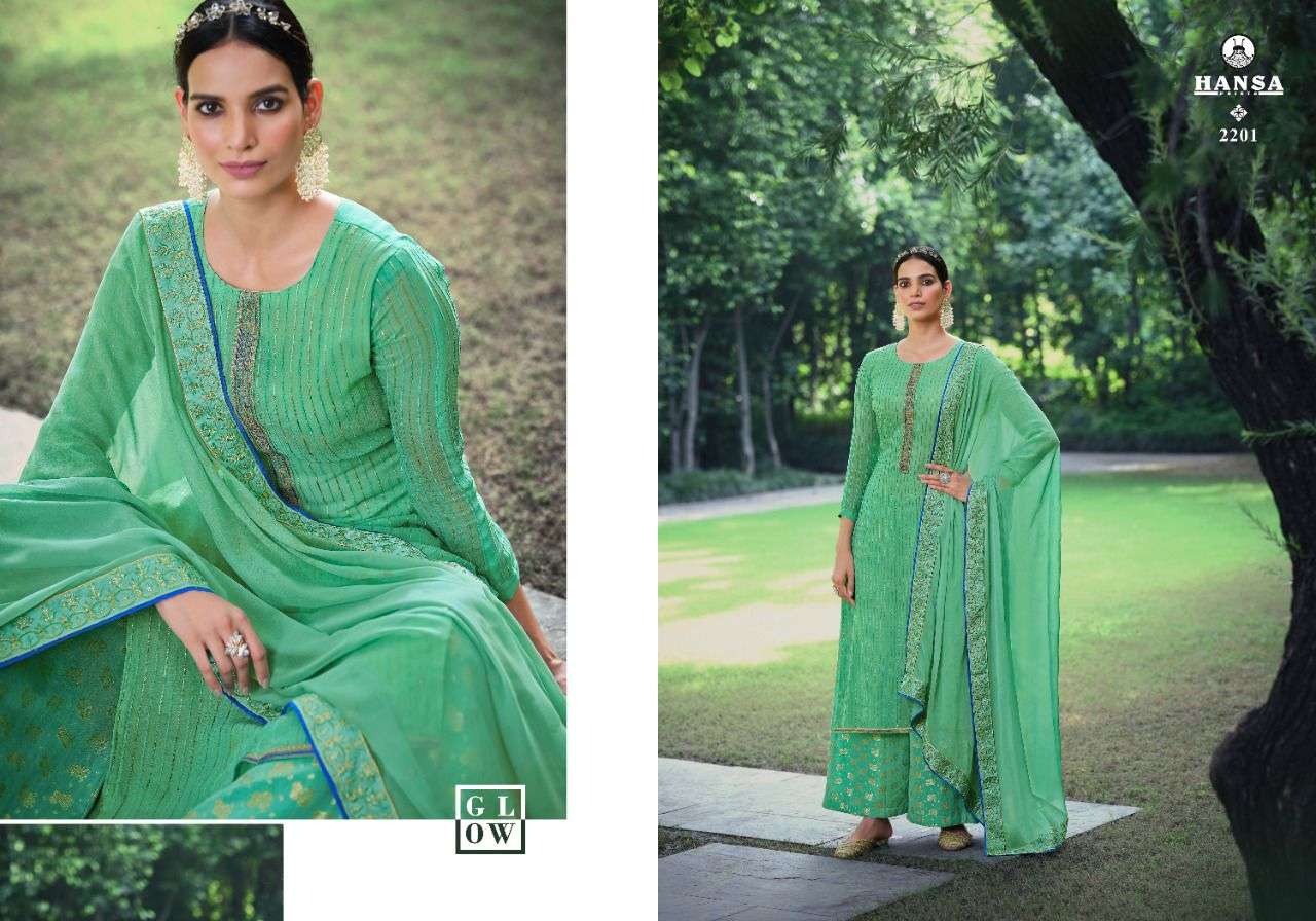 SWARAGINI BY HANSA PRINTS 2201 TO 2206 SERIES BEAUTIFUL SUITS COLORFUL STYLISH FANCY CASUAL WEAR & ETHNIC WEAR PURE BEMBERG GEORGETTE EMBROIDERED DRESSES AT WHOLESALE PRICE