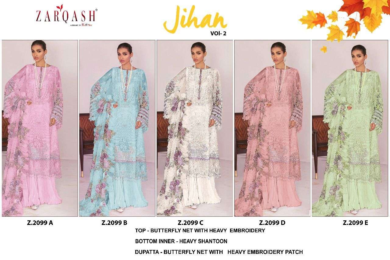 Jihan Vol-2 By Zarqash 2099-A To 2099-D Series Beautiful Summer Collection Pakisatni Suits Stylish Fancy Colorful Casual Wear & Ethnic Wear Faux Georgette Embroidered Dresses At Wholesale Price