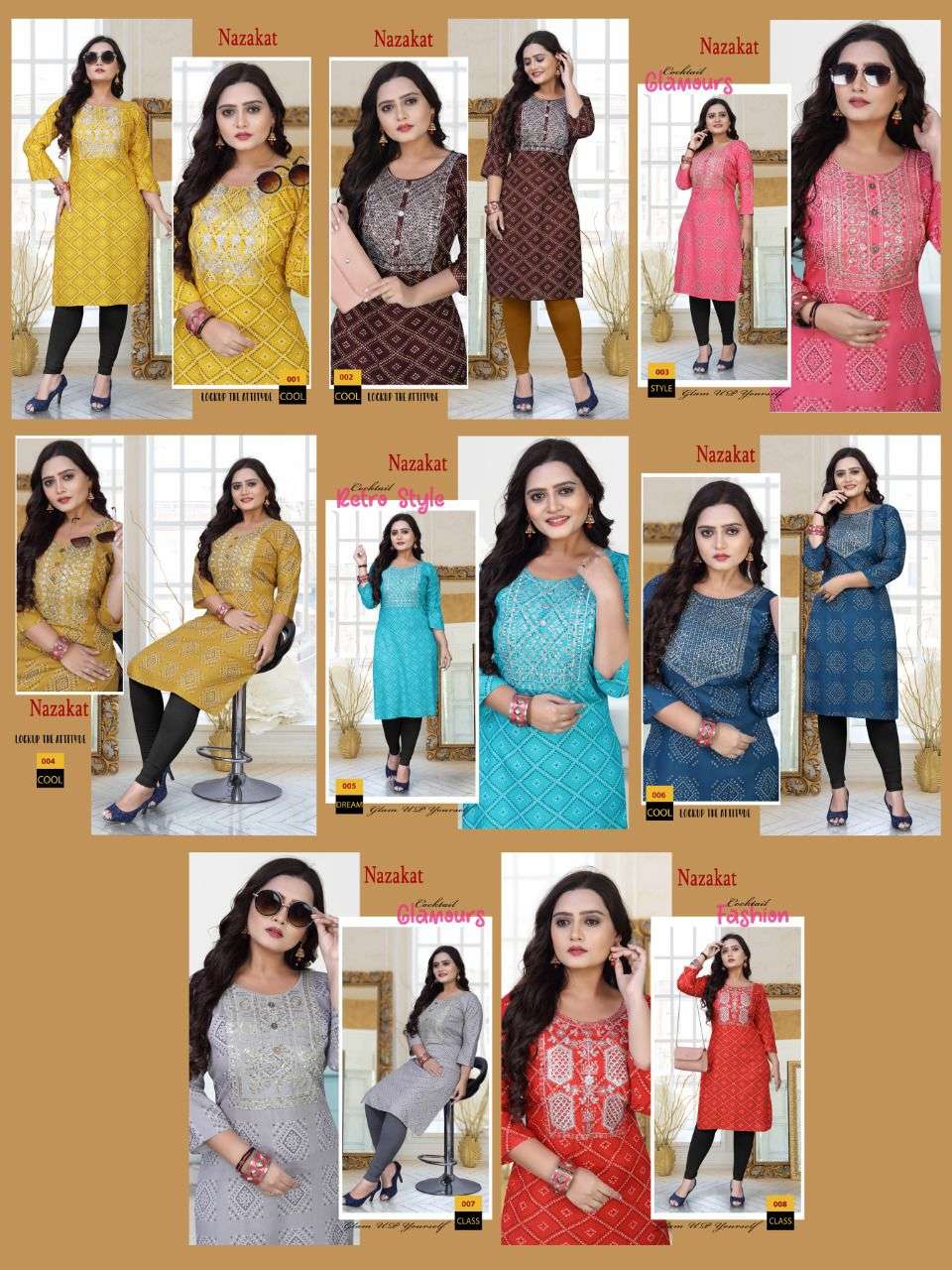 NAZAKAT BY AKHAND JYOT 001 TO 008 SERIES DESIGNER STYLISH FANCY COLORFUL BEAUTIFUL PARTY WEAR & ETHNIC WEAR COLLECTION PURE RAYON KURTIS AT WHOLESALE PRICE