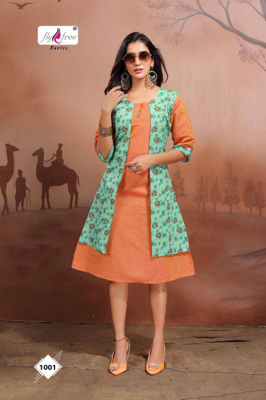 FRENY VOL-3 BY FLY FREE 1001 TO 1008 SERIES DESIGNER STYLISH FANCY COLORFUL BEAUTIFUL PARTY WEAR & ETHNIC WEAR COLLECTION HANDLOOM COTTON KURTIS WITH JACKET AT WHOLESALE PRICE