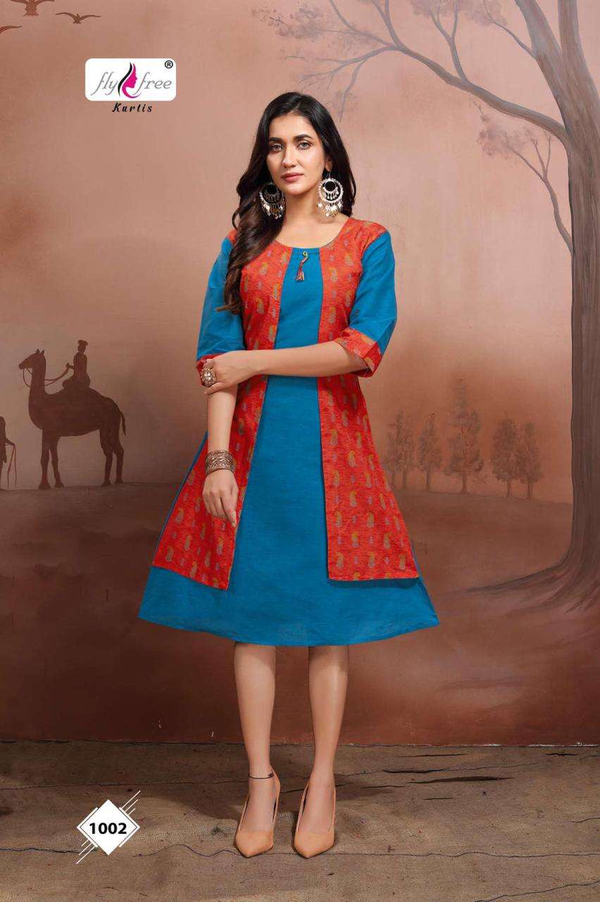 FRENY VOL-3 BY FLY FREE 1001 TO 1008 SERIES DESIGNER STYLISH FANCY COLORFUL BEAUTIFUL PARTY WEAR & ETHNIC WEAR COLLECTION HANDLOOM COTTON KURTIS WITH JACKET AT WHOLESALE PRICE