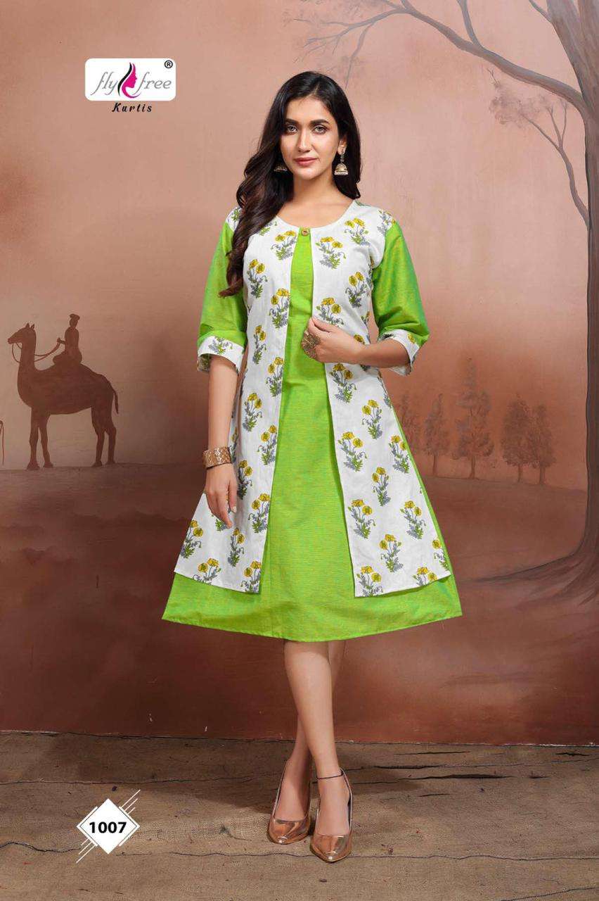 FRENY VOL-3 BY FLY FREE 1001 TO 1008 SERIES DESIGNER STYLISH FANCY COLORFUL BEAUTIFUL PARTY WEAR & ETHNIC WEAR COLLECTION HANDLOOM COTTON KURTIS WITH JACKET AT WHOLESALE PRICE