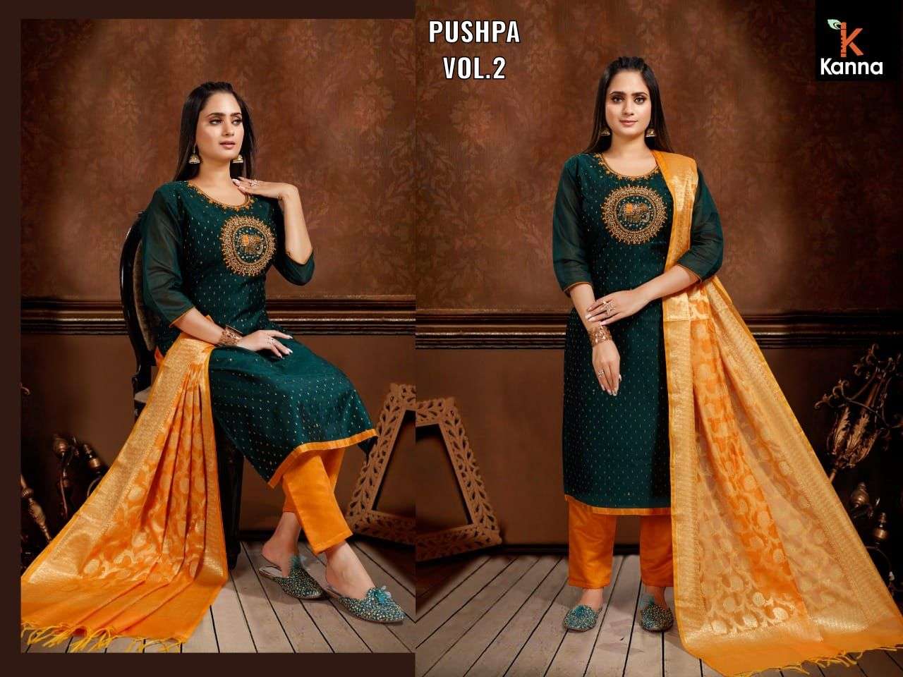 PUSHPA VOL-2 BY KANNA 201 TO 208 SERIES BEAUTIFUL SUITS COLORFUL STYLISH FANCY CASUAL WEAR & ETHNIC WEAR HEAVY MODAL SILK DRESSES AT WHOLESALE PRICE