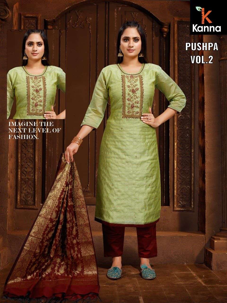 PUSHPA VOL-2 BY KANNA 201 TO 208 SERIES BEAUTIFUL SUITS COLORFUL STYLISH FANCY CASUAL WEAR & ETHNIC WEAR HEAVY MODAL SILK DRESSES AT WHOLESALE PRICE