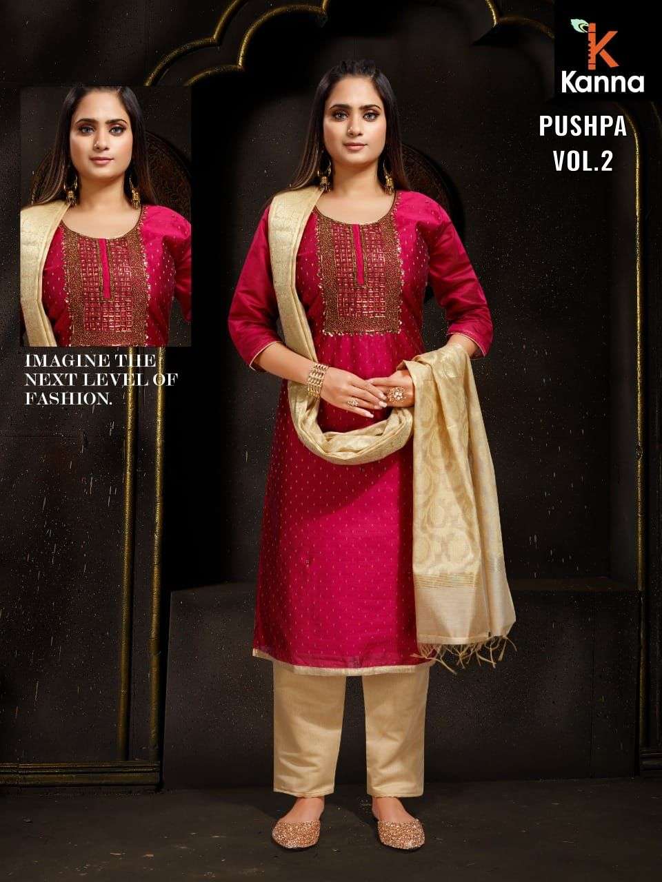 PUSHPA VOL-2 BY KANNA 201 TO 208 SERIES BEAUTIFUL SUITS COLORFUL STYLISH FANCY CASUAL WEAR & ETHNIC WEAR HEAVY MODAL SILK DRESSES AT WHOLESALE PRICE