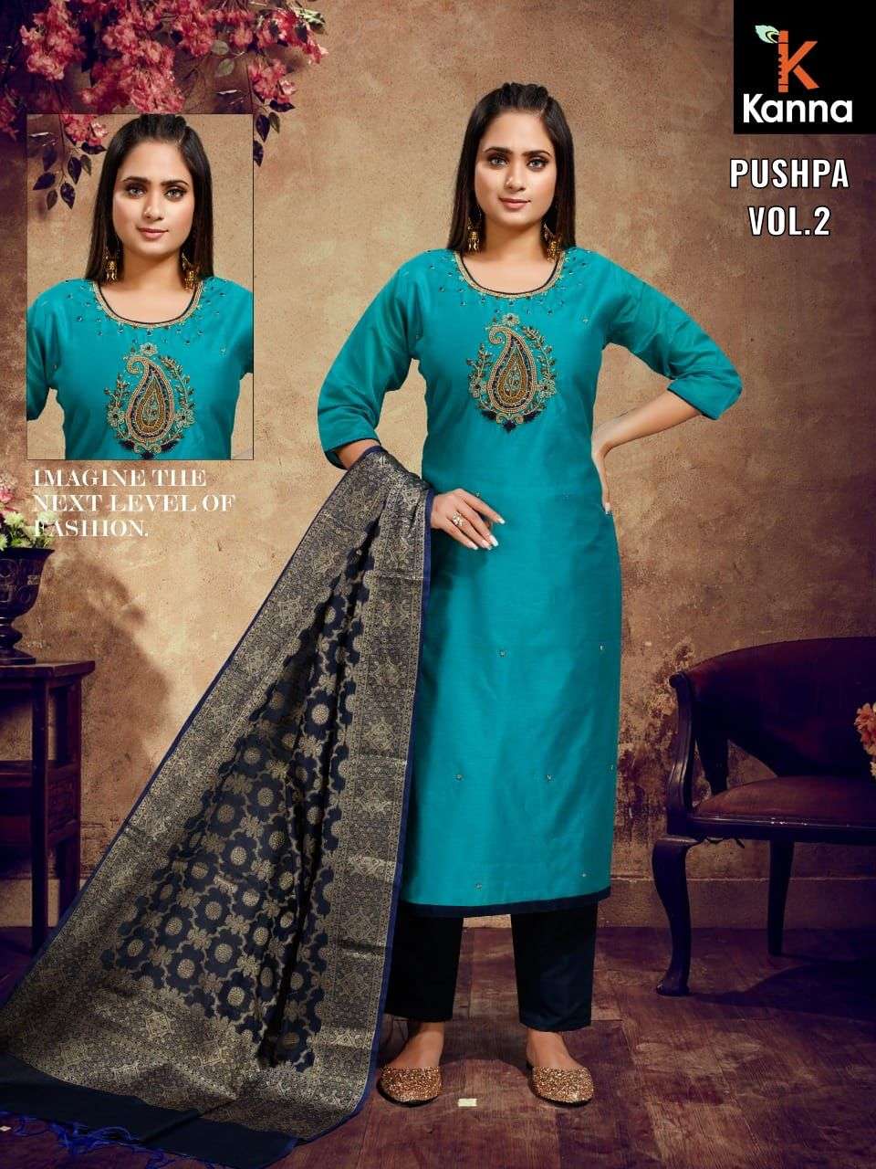 PUSHPA VOL-2 BY KANNA 201 TO 208 SERIES BEAUTIFUL SUITS COLORFUL STYLISH FANCY CASUAL WEAR & ETHNIC WEAR HEAVY MODAL SILK DRESSES AT WHOLESALE PRICE