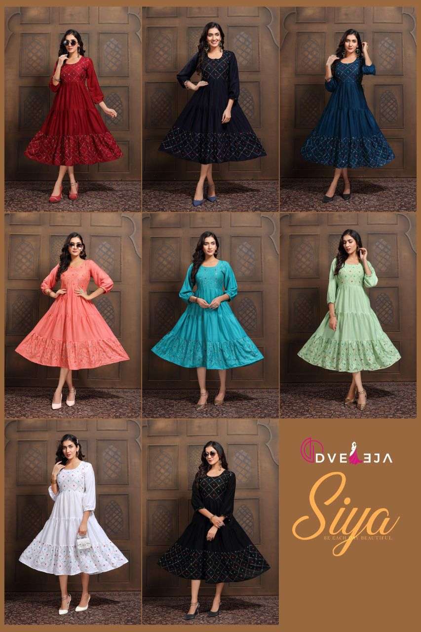 SIYA BY DVEEJA 101 TO 108 SERIES DESIGNER STYLISH FANCY COLORFUL BEAUTIFUL PARTY WEAR & ETHNIC WEAR COLLECTION HEAVY RAYON KURTIS AT WHOLESALE PRICE