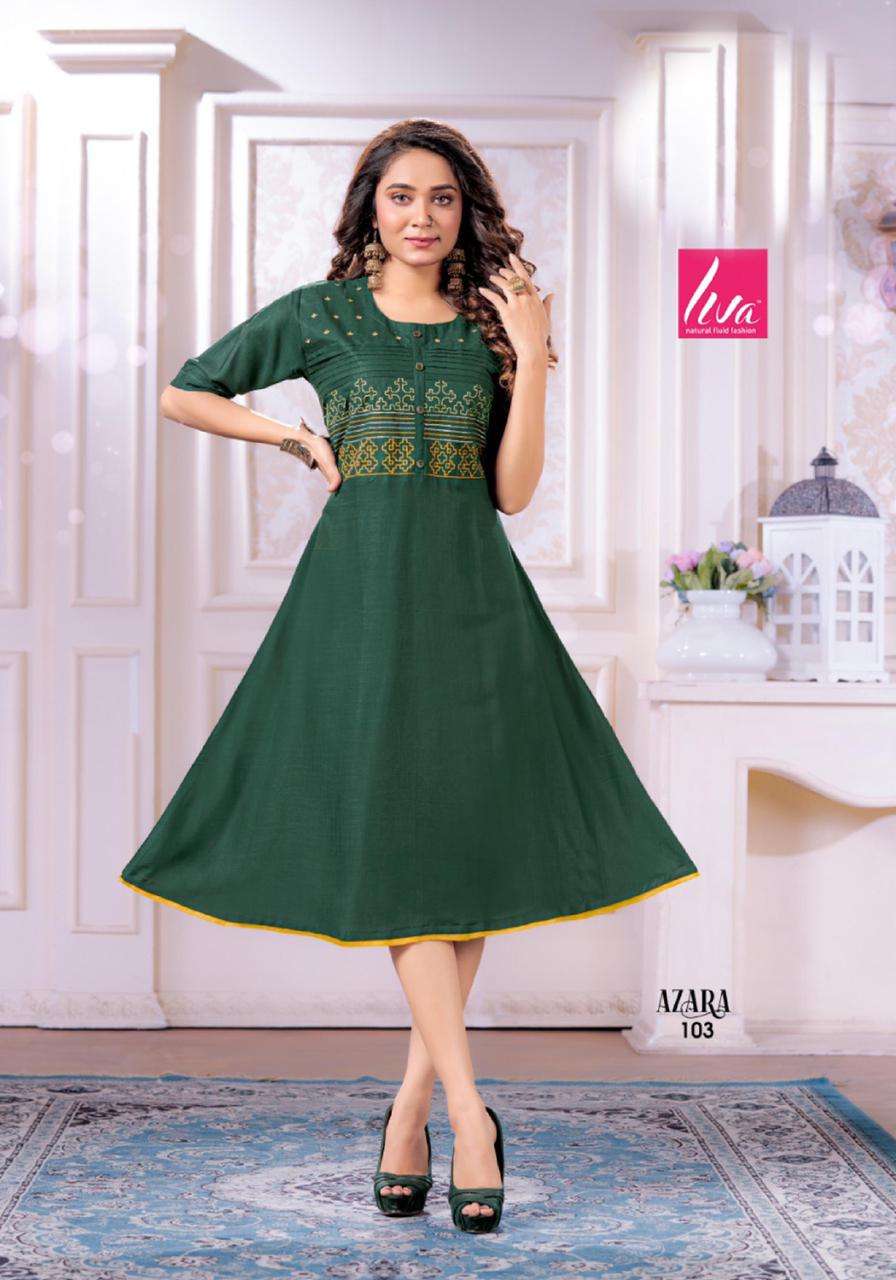 AZARA BY LIVA 101 TO 108 SERIES DESIGNER STYLISH FANCY COLORFUL BEAUTIFUL PARTY WEAR & ETHNIC WEAR COLLECTION RAYON SLUB EMBROIDERY KURTIS AT WHOLESALE PRICE