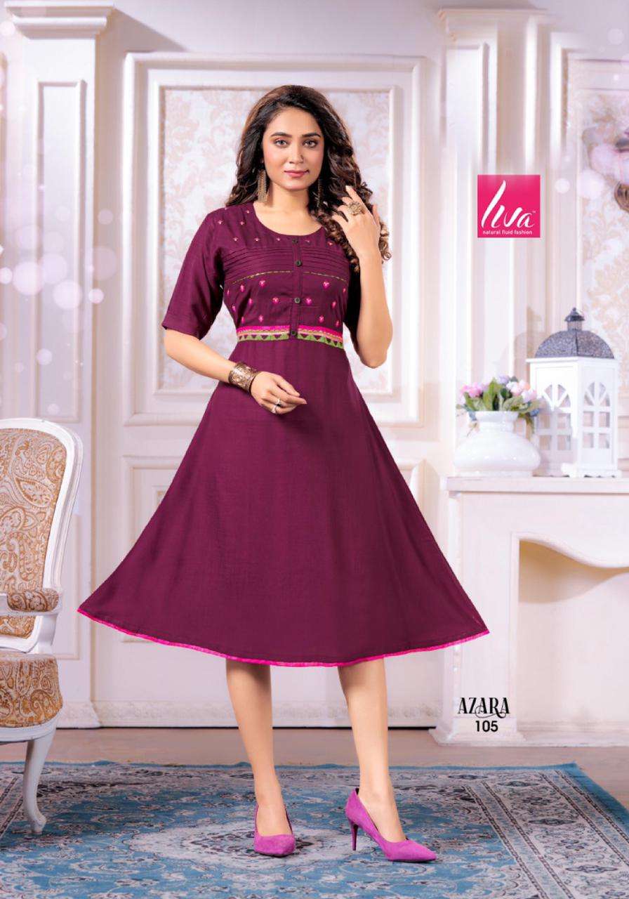 AZARA BY LIVA 101 TO 108 SERIES DESIGNER STYLISH FANCY COLORFUL BEAUTIFUL PARTY WEAR & ETHNIC WEAR COLLECTION RAYON SLUB EMBROIDERY KURTIS AT WHOLESALE PRICE