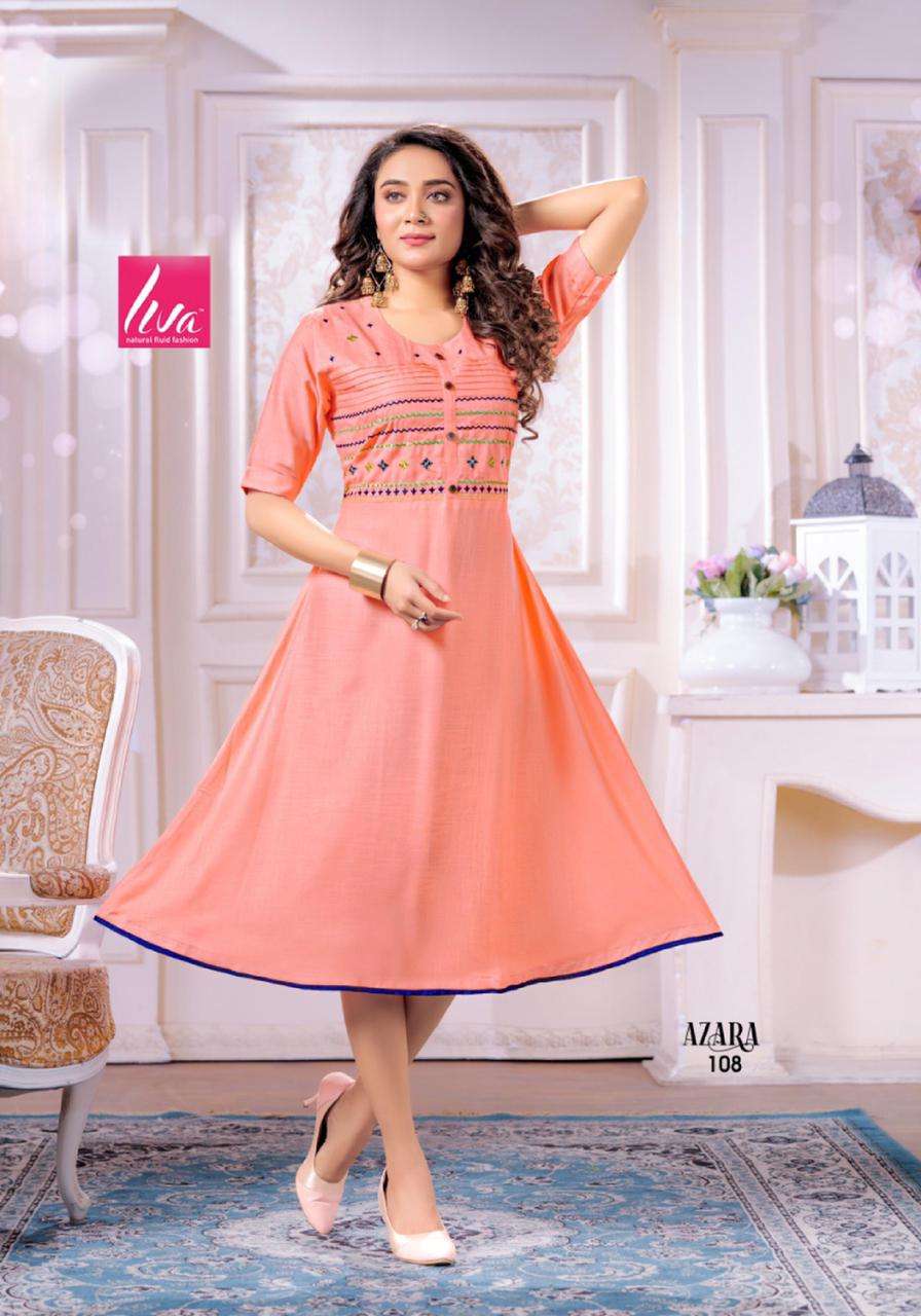 AZARA BY LIVA 101 TO 108 SERIES DESIGNER STYLISH FANCY COLORFUL BEAUTIFUL PARTY WEAR & ETHNIC WEAR COLLECTION RAYON SLUB EMBROIDERY KURTIS AT WHOLESALE PRICE