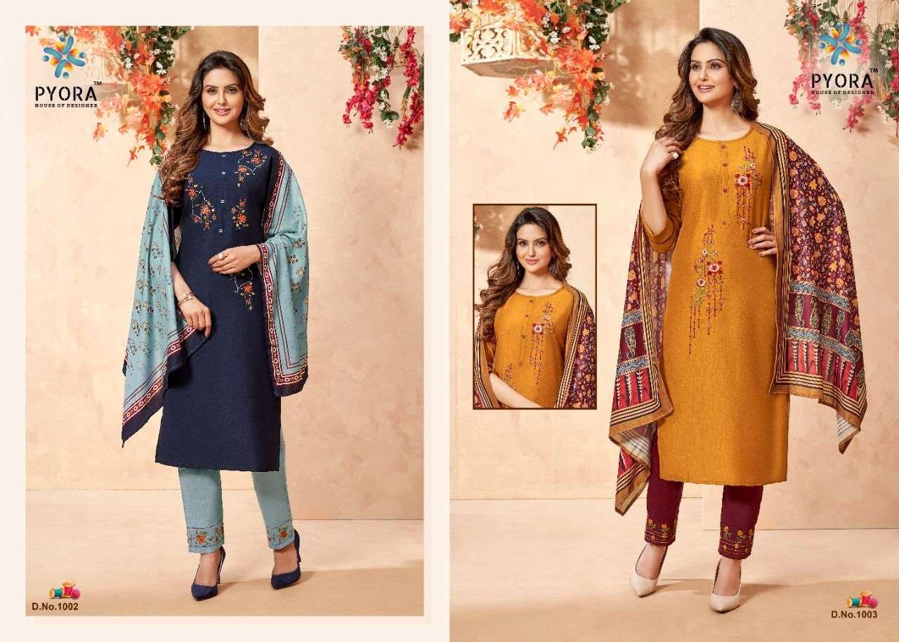 SUI DHAAGA BY PYORA 1001 TO 1008 SERIES BEAUTIFUL SUITS COLORFUL STYLISH FANCY CASUAL WEAR & ETHNIC WEAR CHINNON EMBROIDERED DRESSES AT WHOLESALE PRICE
