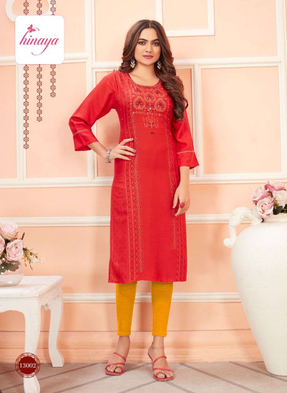 TIARA VOL-6 BY HINAYA 6001 TO 6008 SERIES DESIGNER STYLISH FANCY COLORFUL BEAUTIFUL PARTY WEAR & ETHNIC WEAR COLLECTION RAYON EMBROIDERY KURTIS AT WHOLESALE PRICE