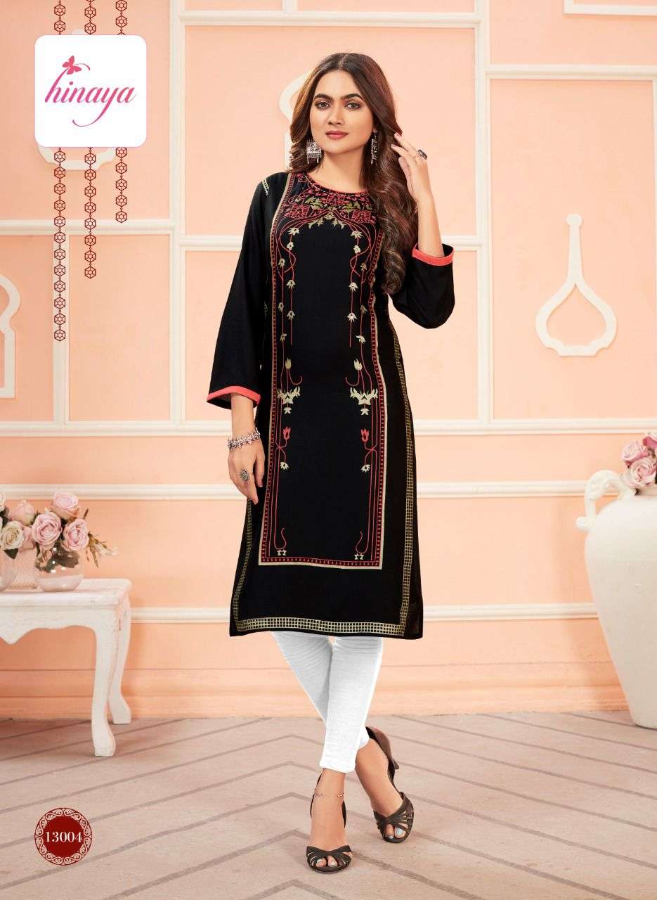 TIARA VOL-6 BY HINAYA 6001 TO 6008 SERIES DESIGNER STYLISH FANCY COLORFUL BEAUTIFUL PARTY WEAR & ETHNIC WEAR COLLECTION RAYON EMBROIDERY KURTIS AT WHOLESALE PRICE