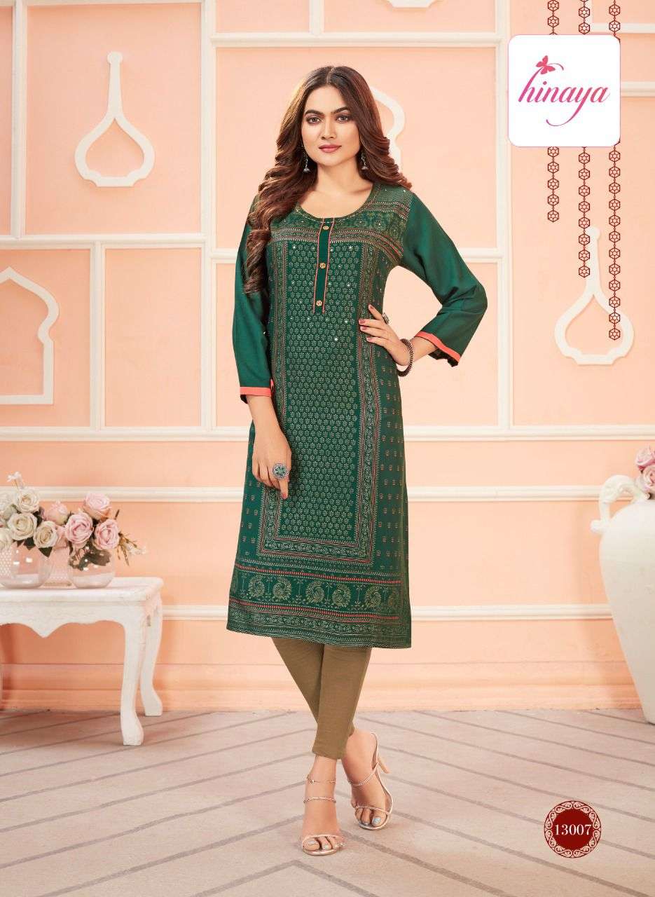 TIARA VOL-6 BY HINAYA 6001 TO 6008 SERIES DESIGNER STYLISH FANCY COLORFUL BEAUTIFUL PARTY WEAR & ETHNIC WEAR COLLECTION RAYON EMBROIDERY KURTIS AT WHOLESALE PRICE