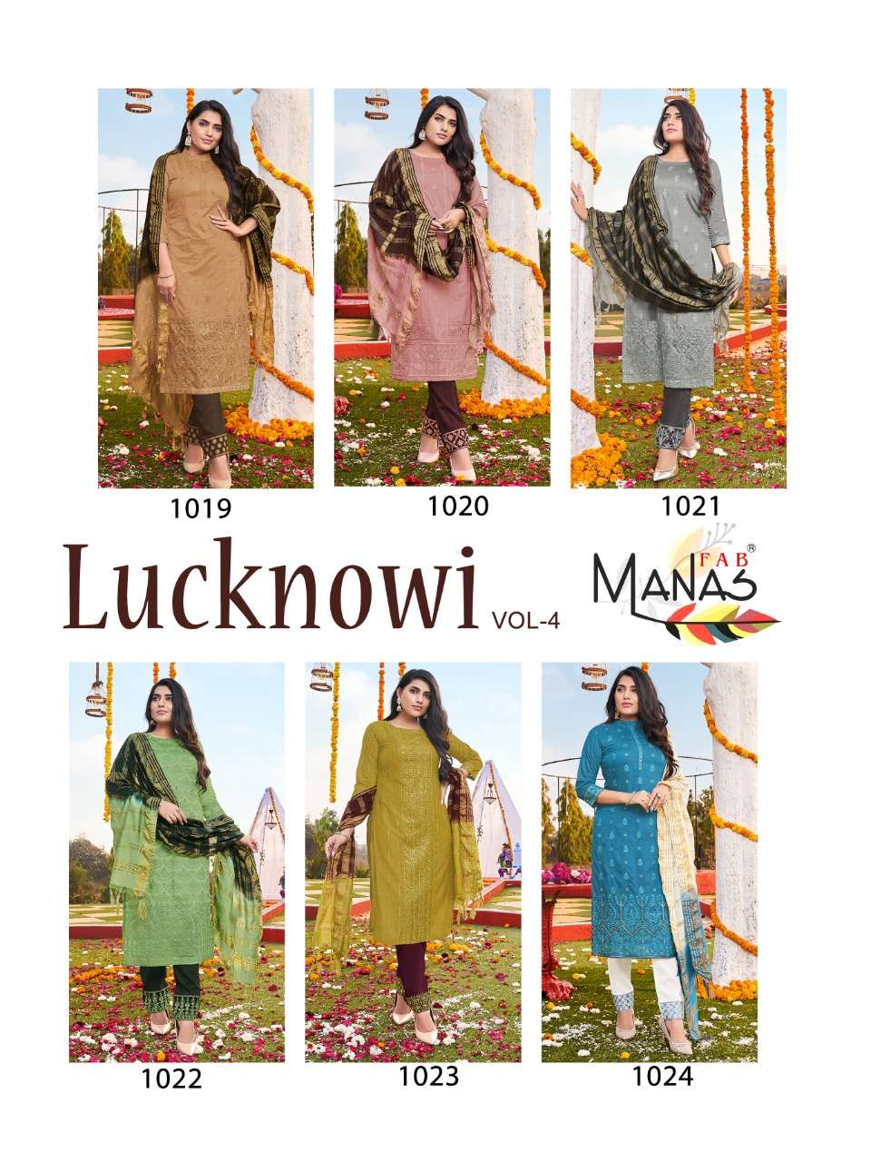 LUCKNOWI VOL-4 BY MANAS FAB 1019 TO 1024 SERIES BEAUTIFUL SUITS COLORFUL STYLISH FANCY CASUAL WEAR & ETHNIC WEAR FANCY DRESSES AT WHOLESALE PRICE