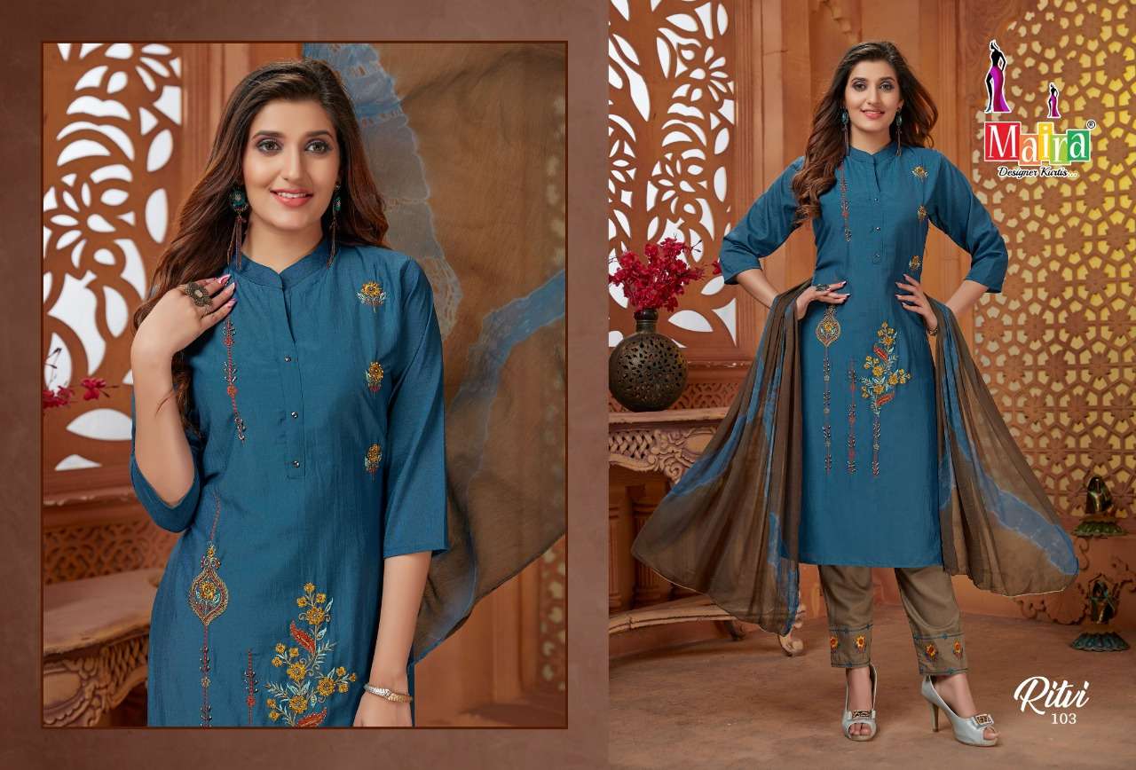 RITVI BY MAIRA 101 TO 108 SERIES BEAUTIFUL SUITS COLORFUL STYLISH FANCY CASUAL WEAR & ETHNIC WEAR HEAVY SILK DRESSES AT WHOLESALE PRICE