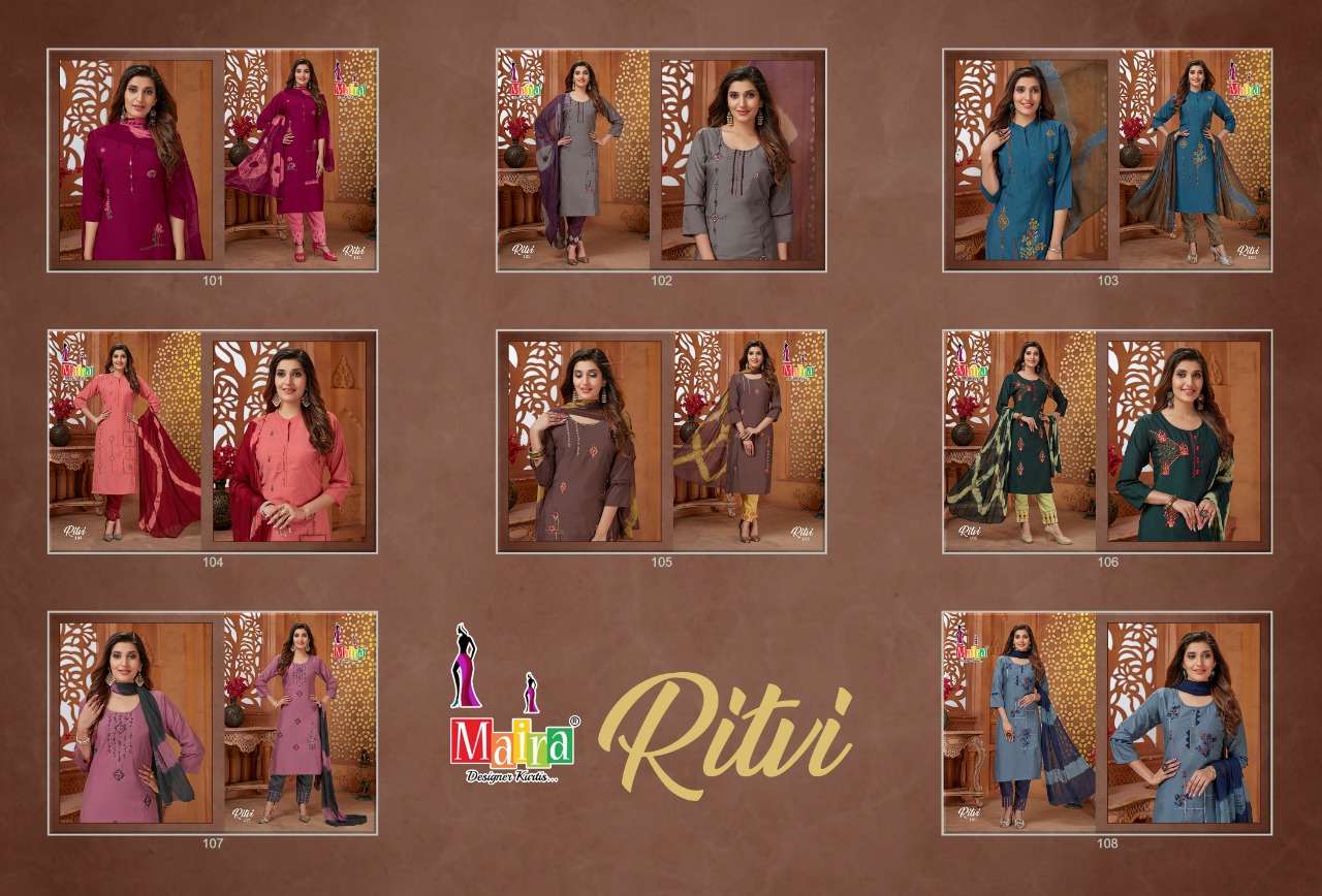 RITVI BY MAIRA 101 TO 108 SERIES BEAUTIFUL SUITS COLORFUL STYLISH FANCY CASUAL WEAR & ETHNIC WEAR HEAVY SILK DRESSES AT WHOLESALE PRICE