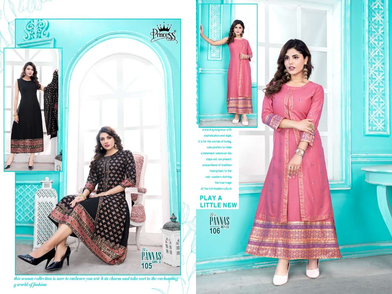 PANNAS GOWN BY PRINCESS 101 TO 108 SERIES BEAUTIFUL STYLISH FANCY COLORFUL CASUAL WEAR & ETHNIC WEAR HEAVY RAYON GOWNS AT WHOLESALE PRICE