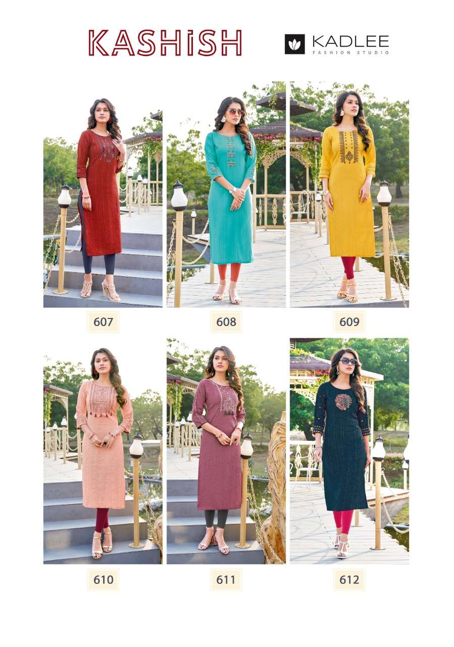 KASHISH BY KADLEE 607 TO 612 SERIES DESIGNER STYLISH FANCY COLORFUL BEAUTIFUL PARTY WEAR & ETHNIC WEAR COLLECTION RAYON WITH WORK KURTIS AT WHOLESALE PRICE