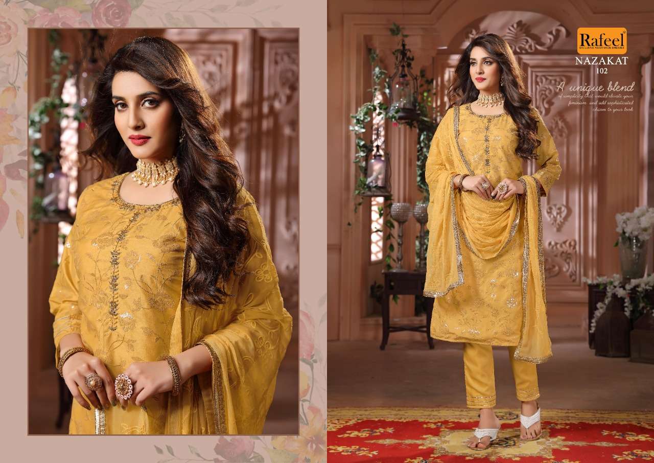 NAZAKAT BY RAFEEL 101 TO 104 SERIES BEAUTIFUL SUITS COLORFUL STYLISH FANCY CASUAL WEAR & ETHNIC WEAR MSULIN DRESSES AT WHOLESALE PRICE