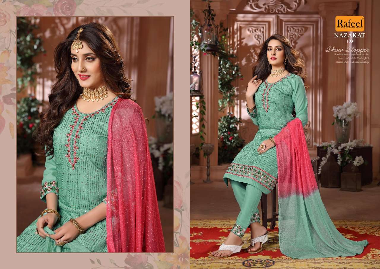 NAZAKAT BY RAFEEL 101 TO 104 SERIES BEAUTIFUL SUITS COLORFUL STYLISH FANCY CASUAL WEAR & ETHNIC WEAR MSULIN DRESSES AT WHOLESALE PRICE