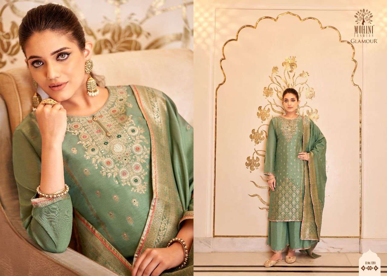 GLAMOUR VOL-112 BY MOHINI FASHION 1201 TO 1206 SERIES DESIGNER FESTIVE SUITS COLLECTION BEAUTIFUL STYLISH FANCY COLORFUL PARTY WEAR & OCCASIONAL WEAR PURE VISCOSE DOLA JACQUARD DRESSES AT WHOLESALE PRICE