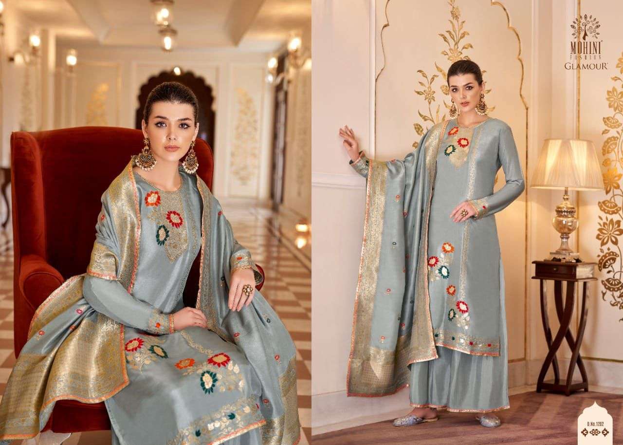 GLAMOUR VOL-112 BY MOHINI FASHION 1201 TO 1206 SERIES DESIGNER FESTIVE SUITS COLLECTION BEAUTIFUL STYLISH FANCY COLORFUL PARTY WEAR & OCCASIONAL WEAR PURE VISCOSE DOLA JACQUARD DRESSES AT WHOLESALE PRICE